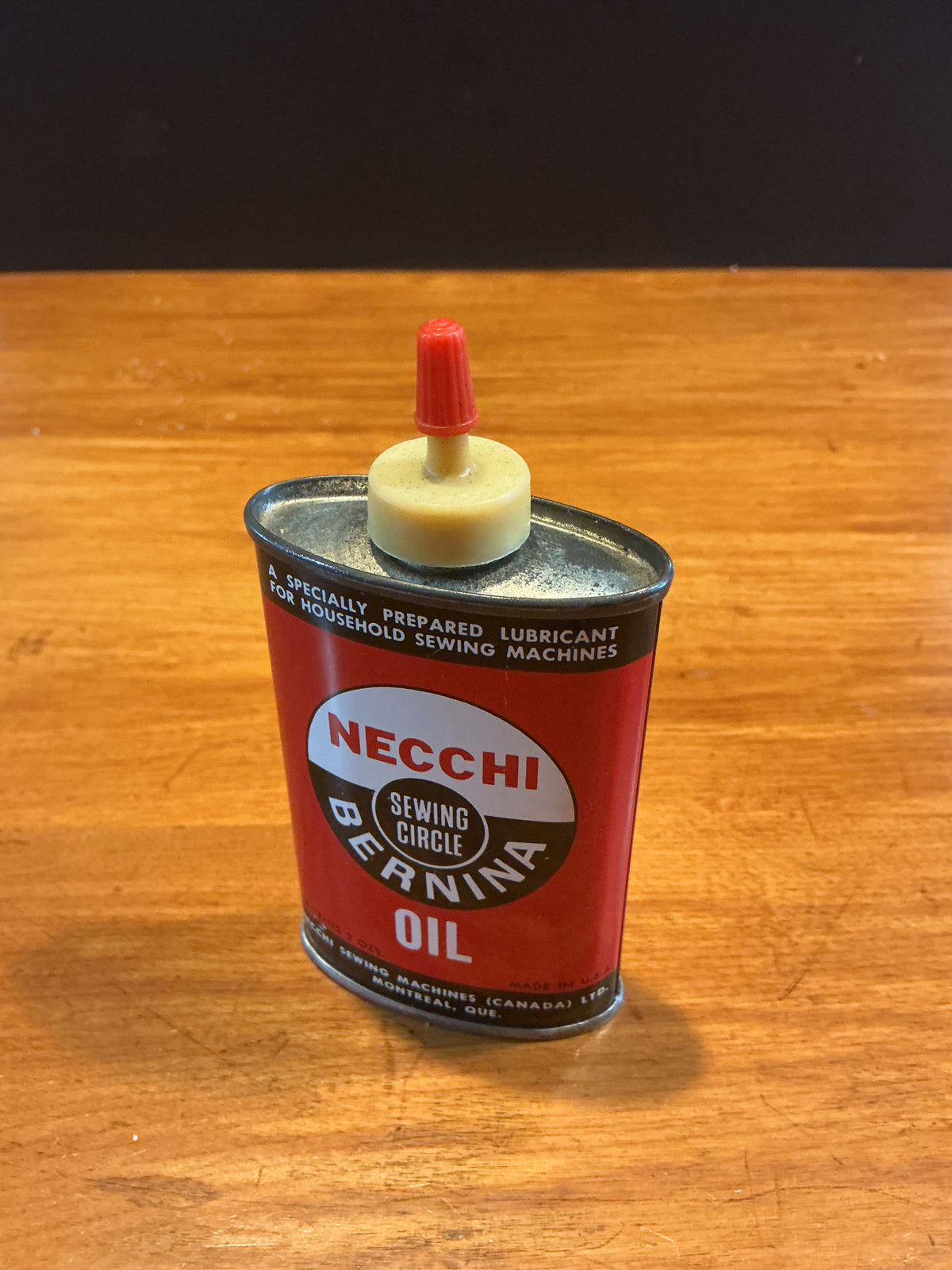 Vintage Necchi Bernina Sewing Oil Tin , Canadian
