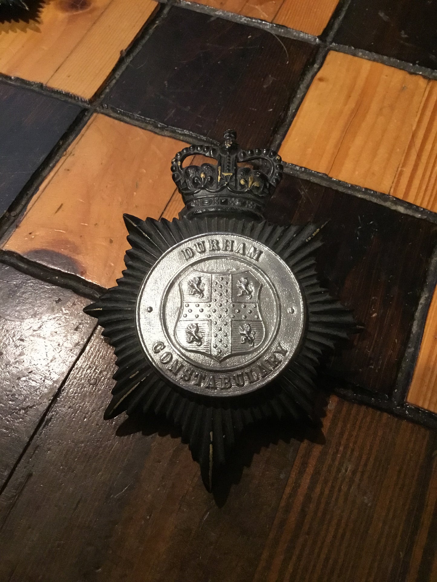 British Police Helmet Badge Durham Constabulary , 3 lugs on the back 