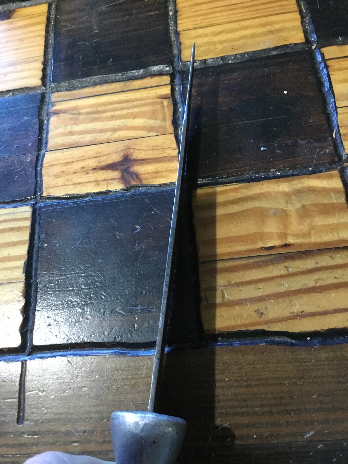 Large Vintage Knife , pressed leather handle inlay