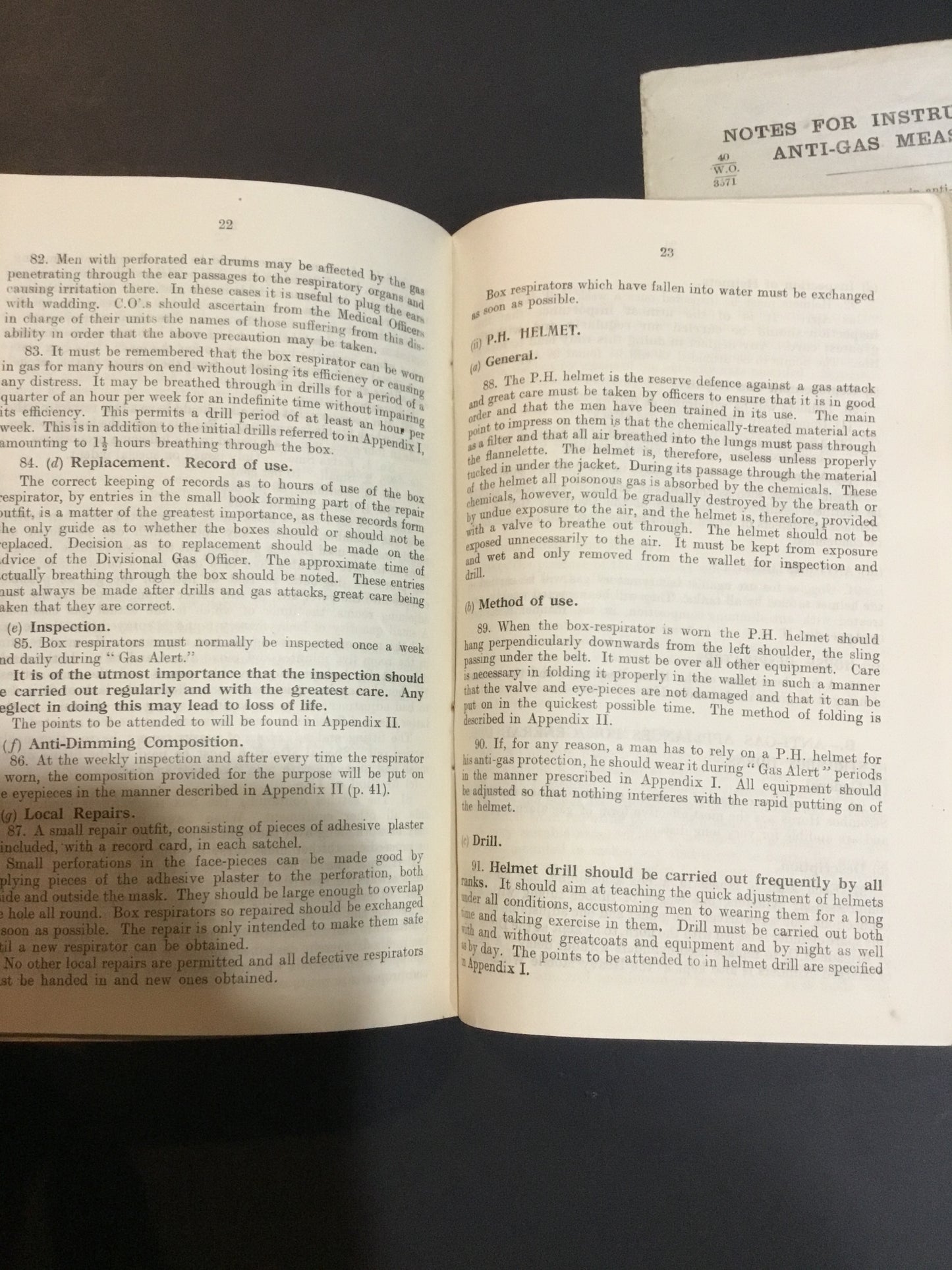 WW1 Defensive Measures against Gas Attacks pamphlet
