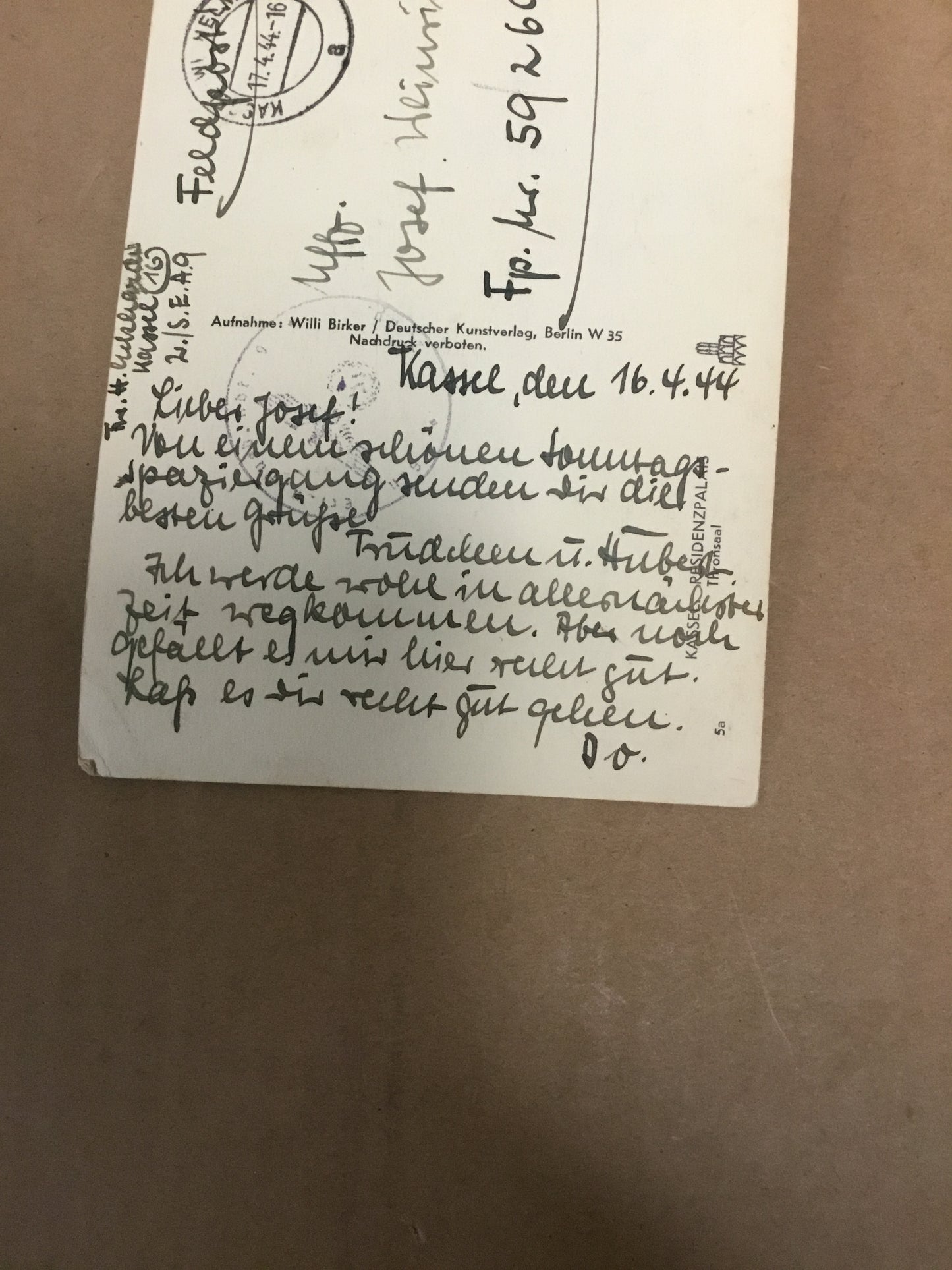 WW11 Kassel residence palace Post Card , Dated April 1944