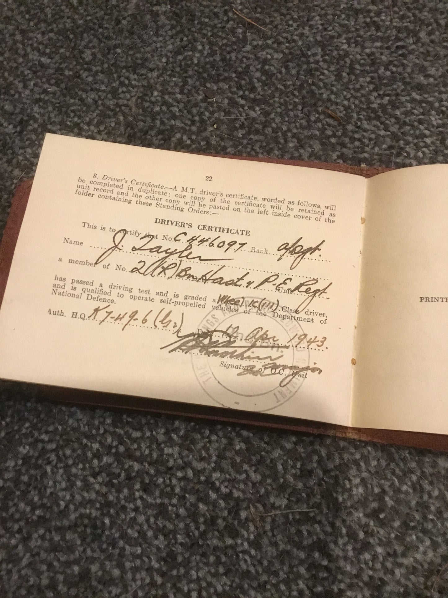 WW11 Standing Orders; For Drivers of M. T. Vehicles and Motorcycles