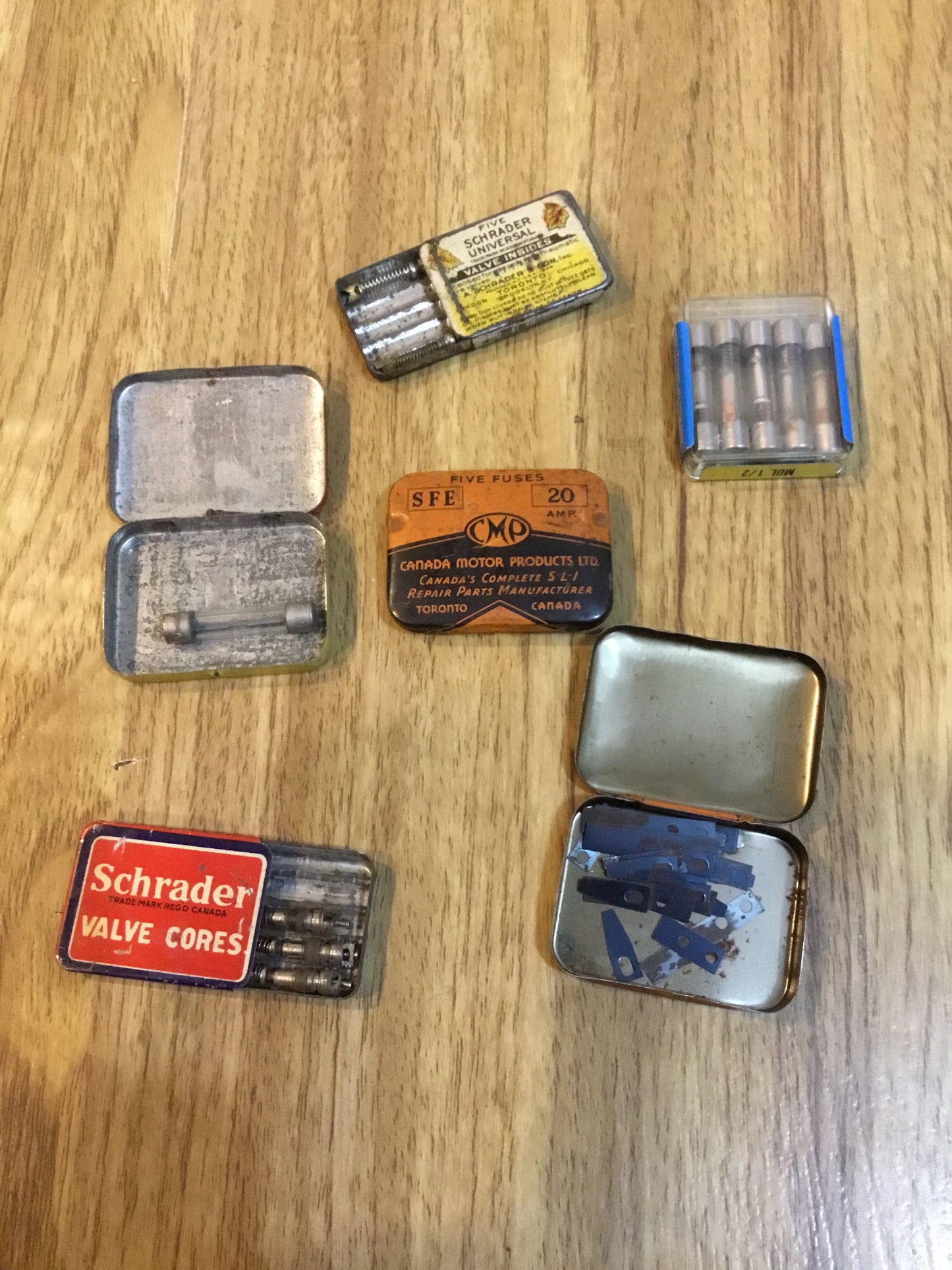 Lot of 6 Fuses and Valve stem small Tins