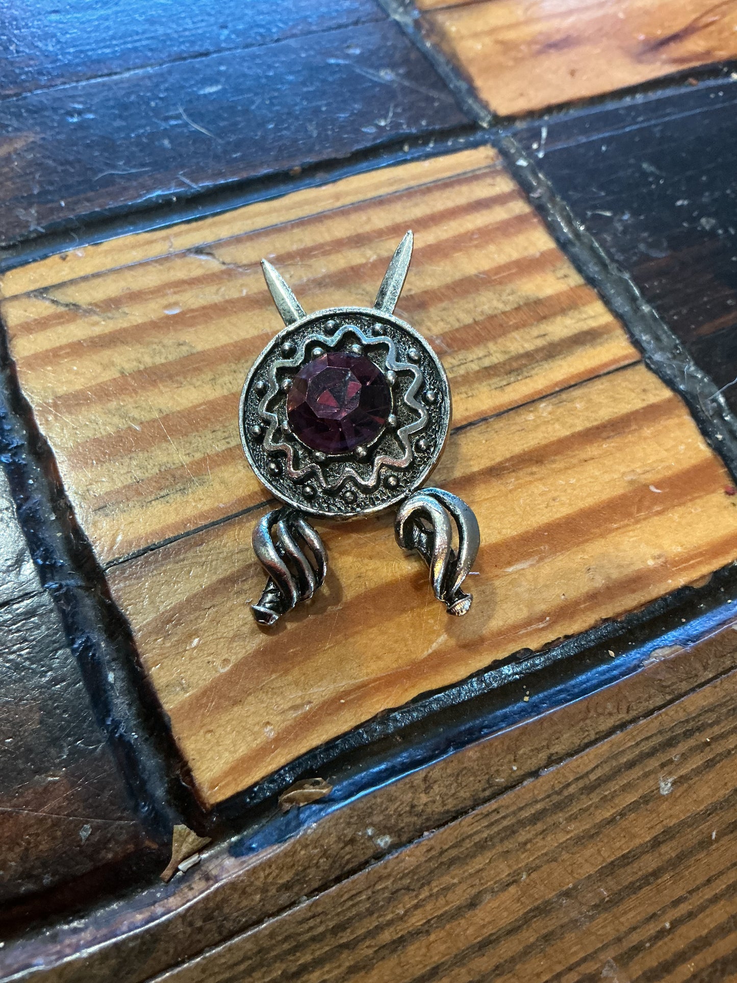 Celtic Pin with Amethyst Type Stone with Twin Swords