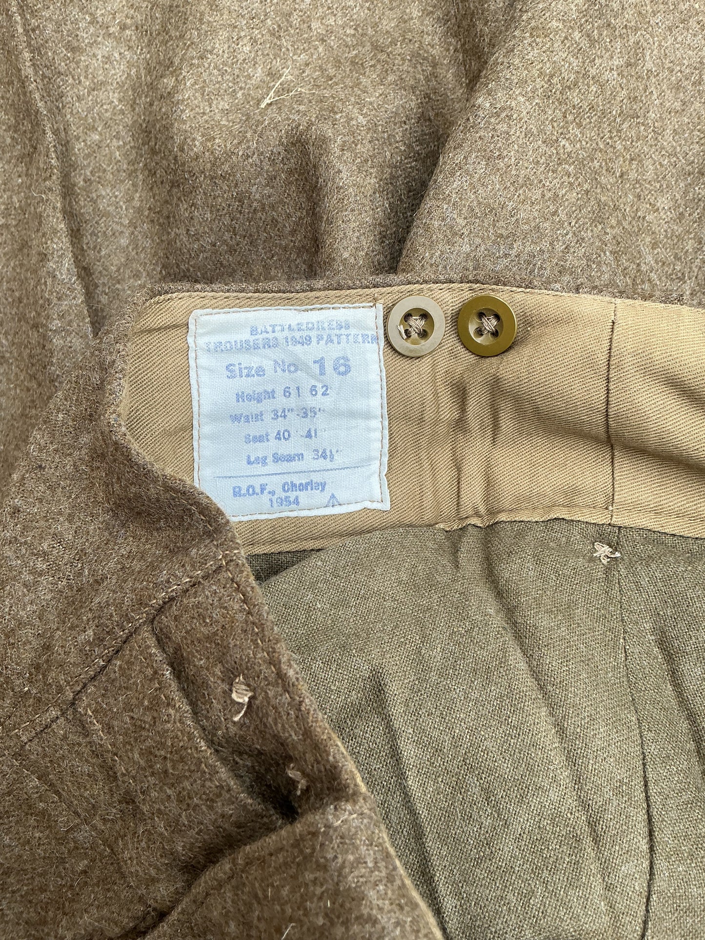 Post War British Wool Battledress Pants , 1949 pattern size 16 ,waist measures 33 inches with a long leg