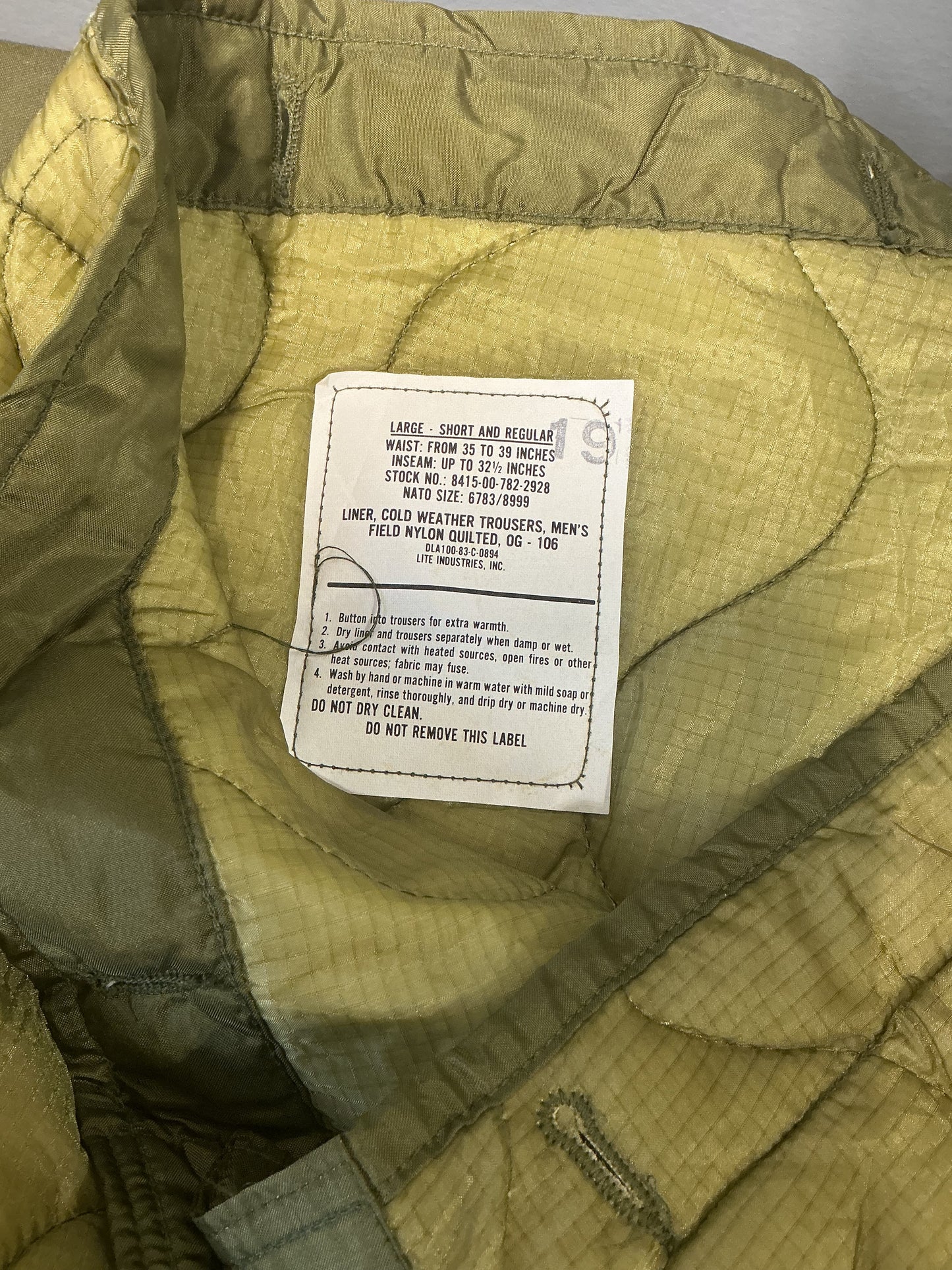 US M65 ISSUED COLD WEATHER PANT\ TROUSER LINER, size large regular or short