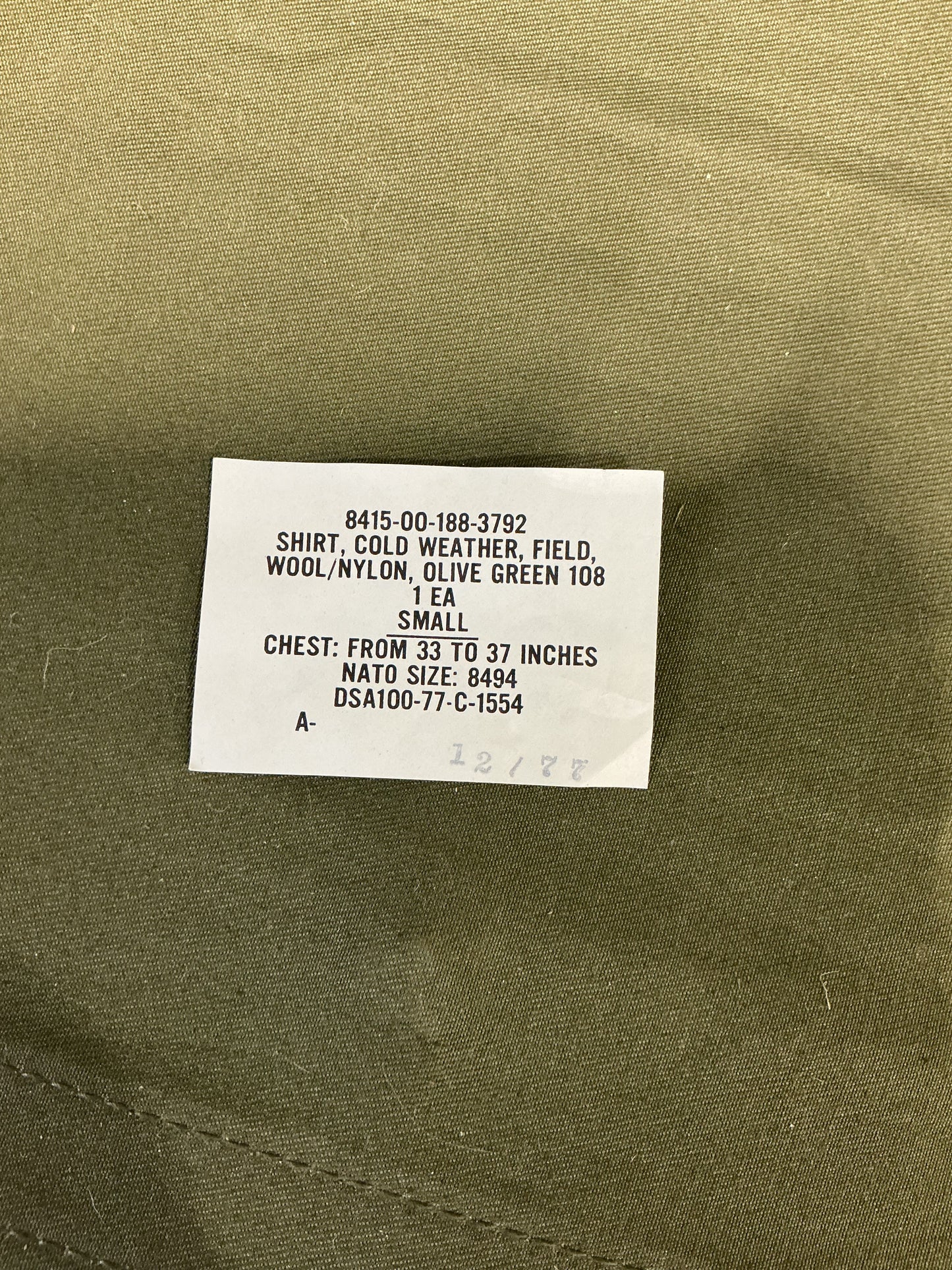 New NOS Cold Weather Field Shirt Size Small 80%Wool
