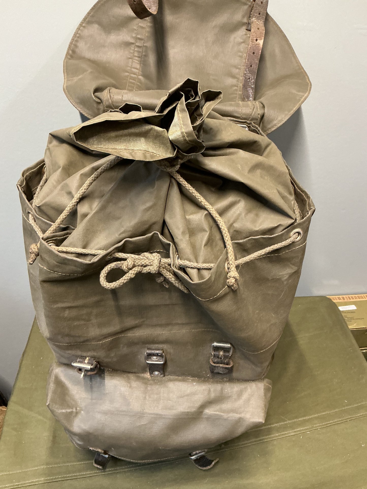 Vintage Swiss Military Rubberized pack with leather straps