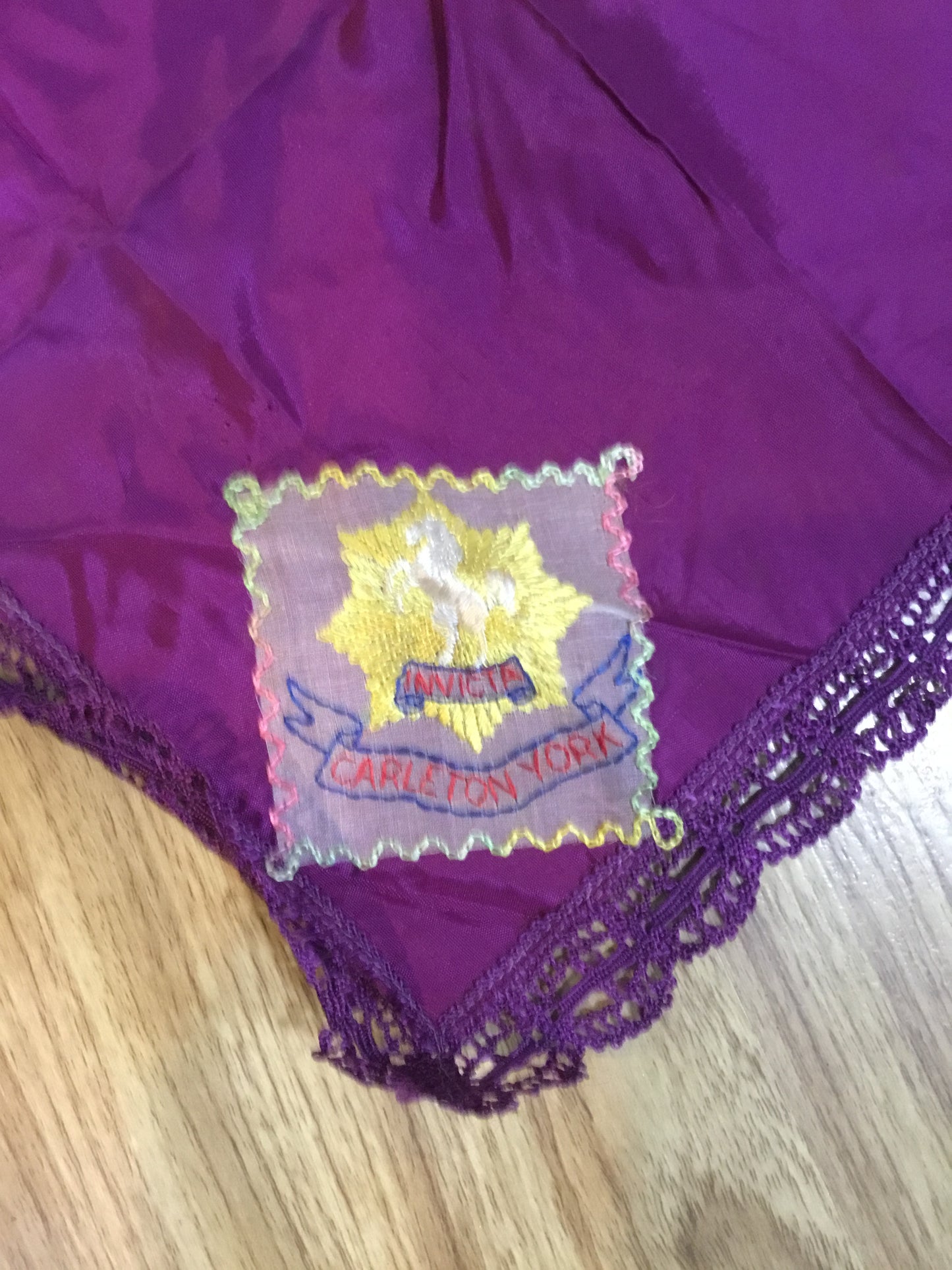 World War II Carleton & York silk Sweetheart doily .Measures 13 x 13 inches .