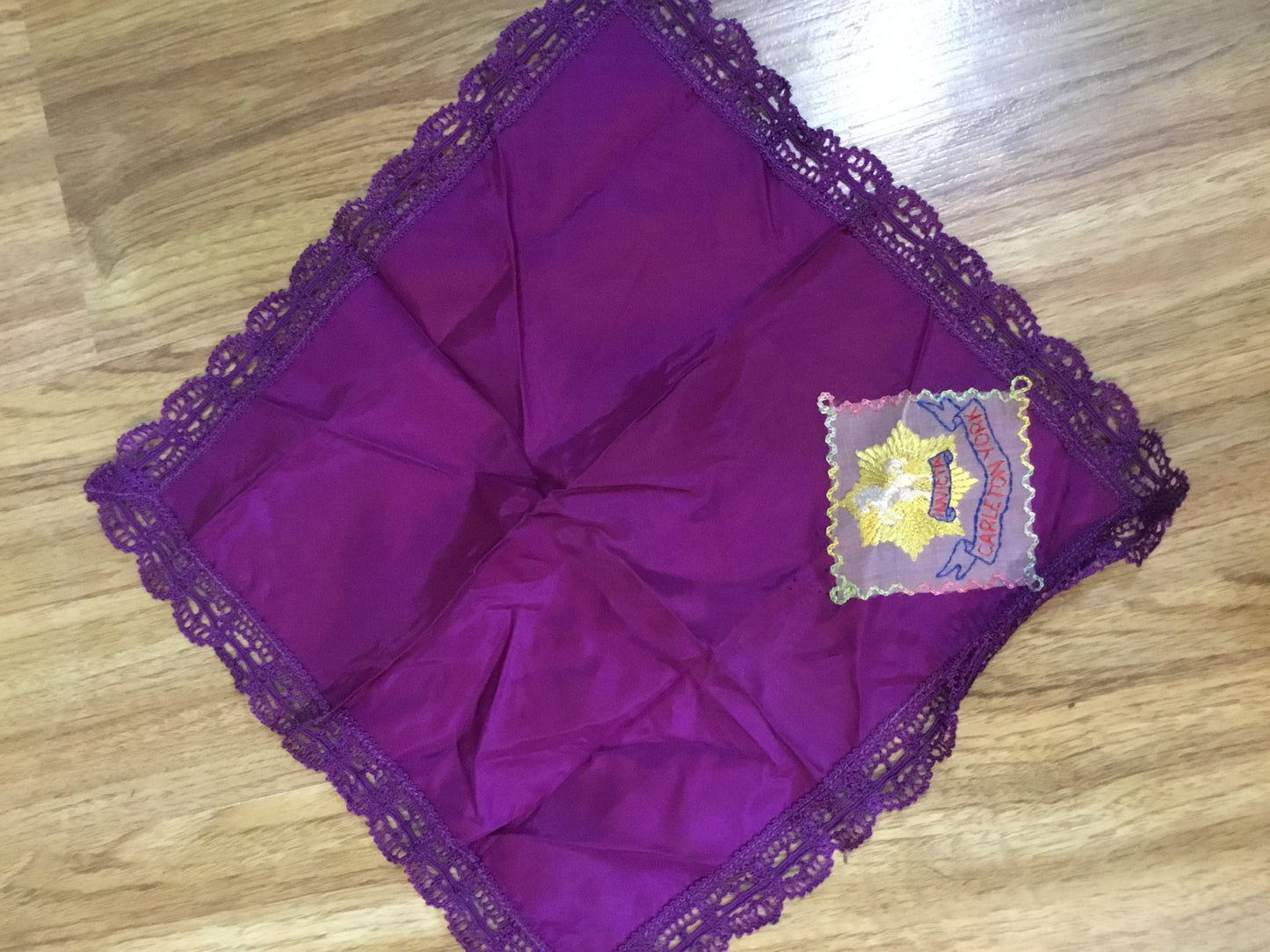 World War II Carleton & York silk Sweetheart doily .Measures 13 x 13 inches .