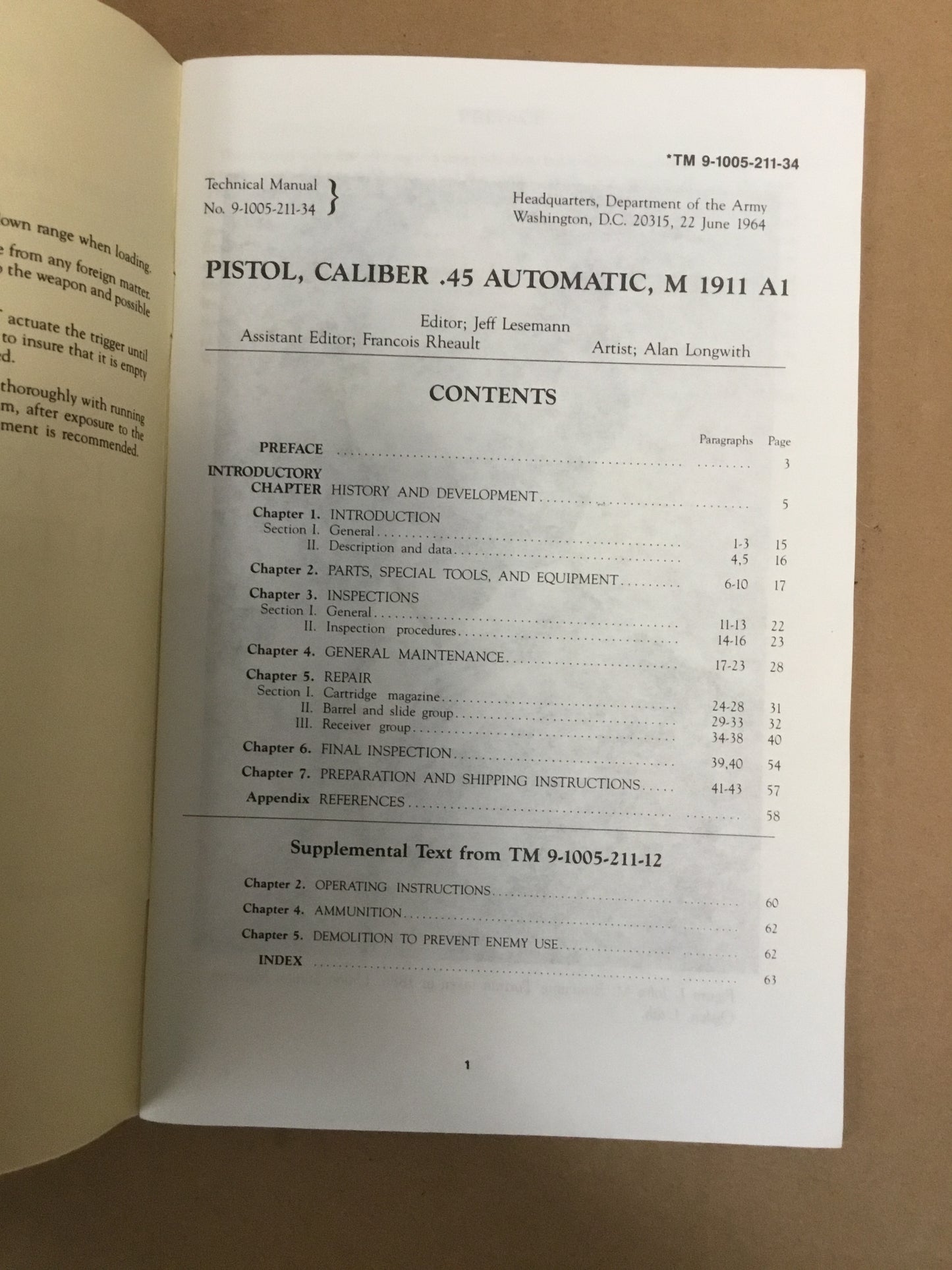 1964 General Maintenance Manual Pistol , Caliber .45 Automatic , M1911A1