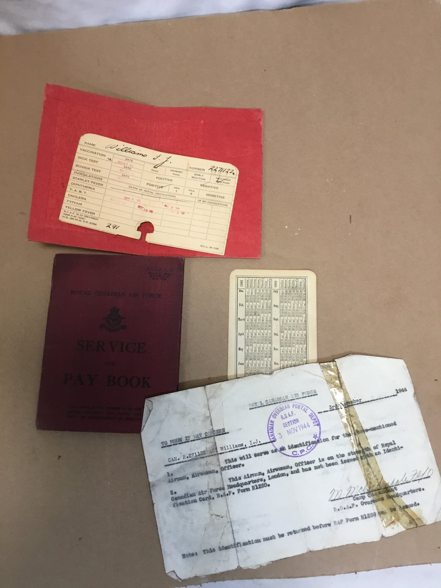 1944 RCAF PAYBOOK, MEDICAL RECORD , POCKET Calendar, Overseas postal Letter