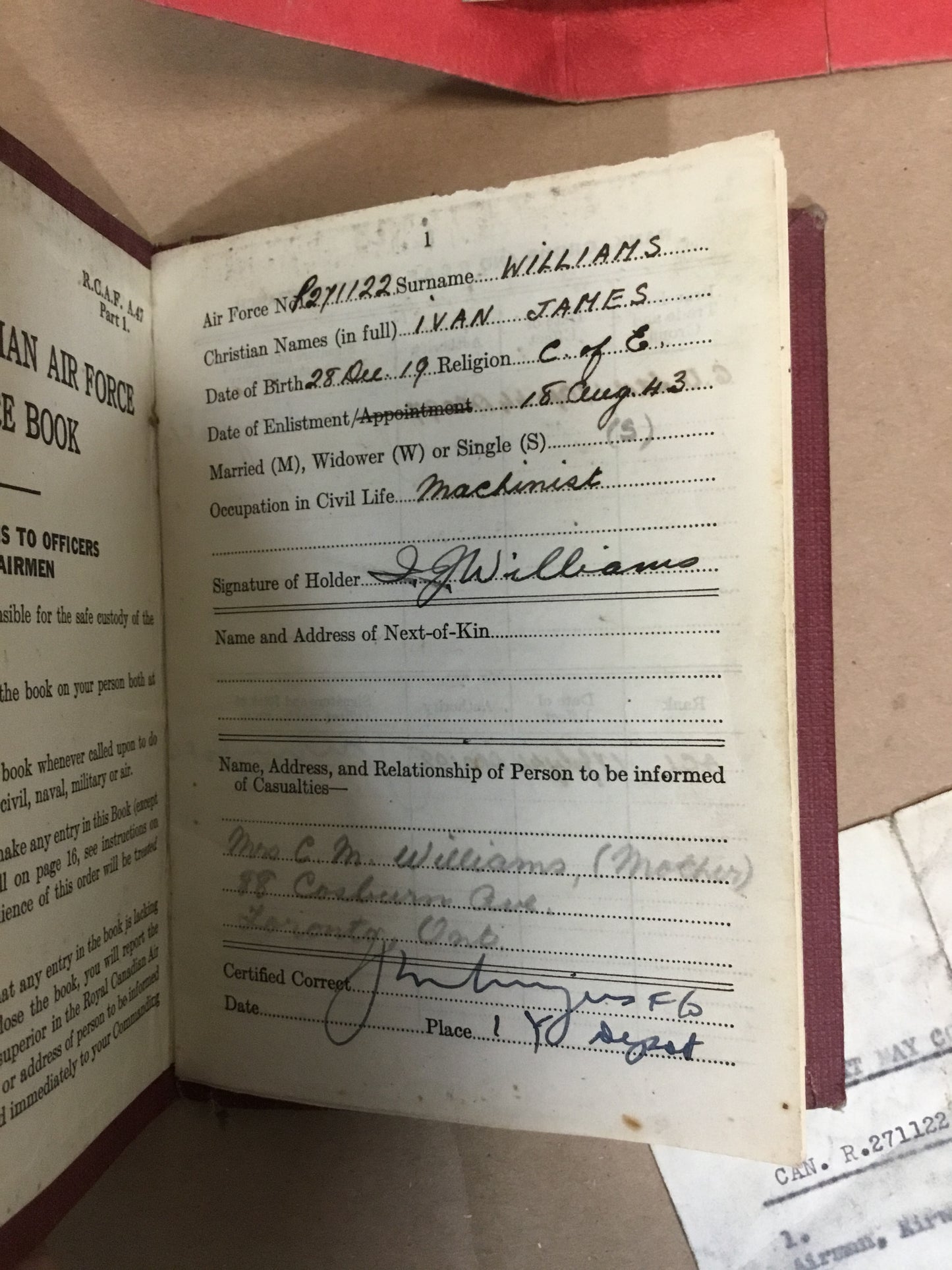 1944 RCAF PAYBOOK, MEDICAL RECORD , POCKET Calendar, Overseas postal Letter
