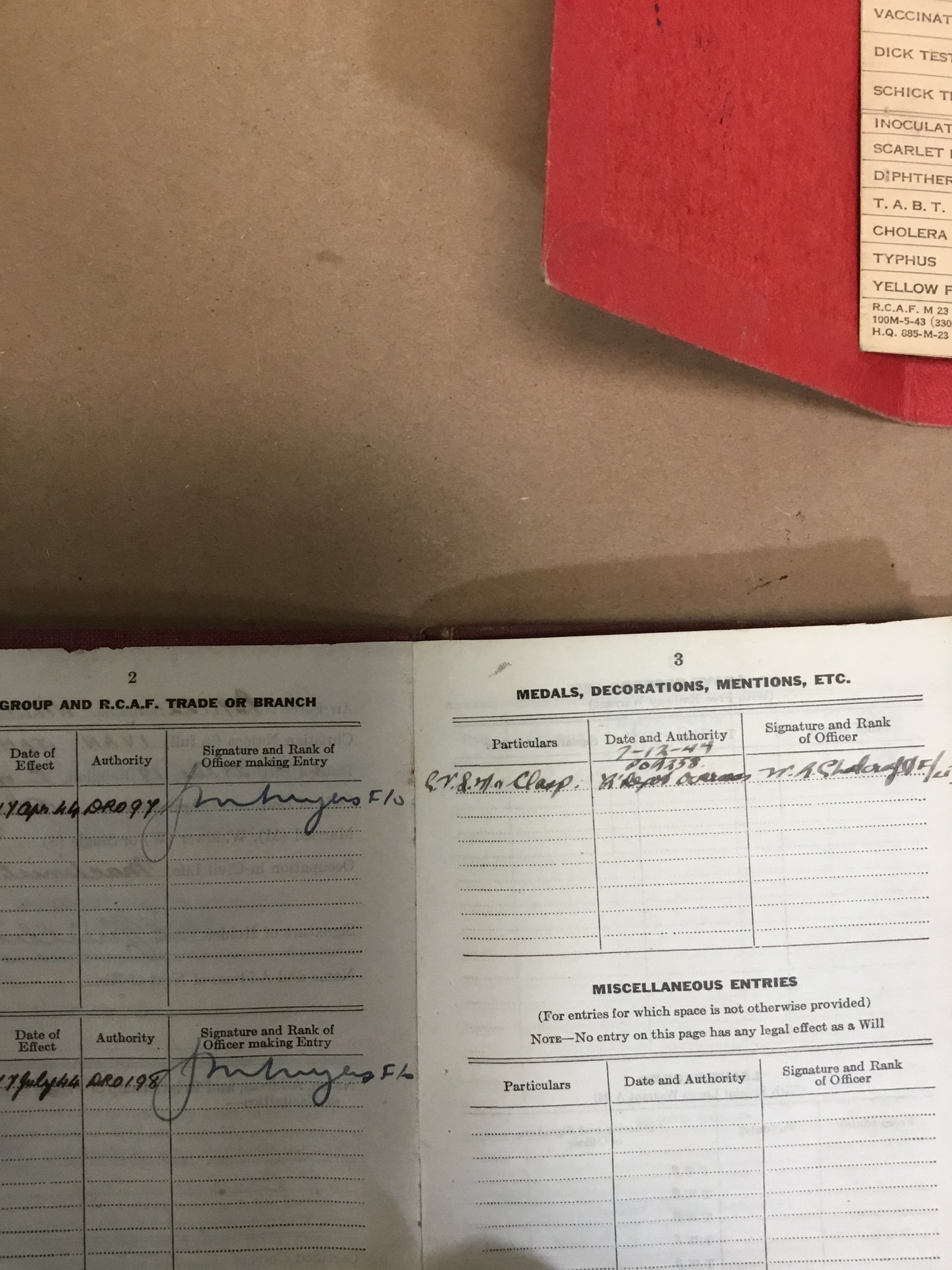 1944 RCAF PAYBOOK, MEDICAL RECORD , POCKET Calendar, Overseas postal Letter
