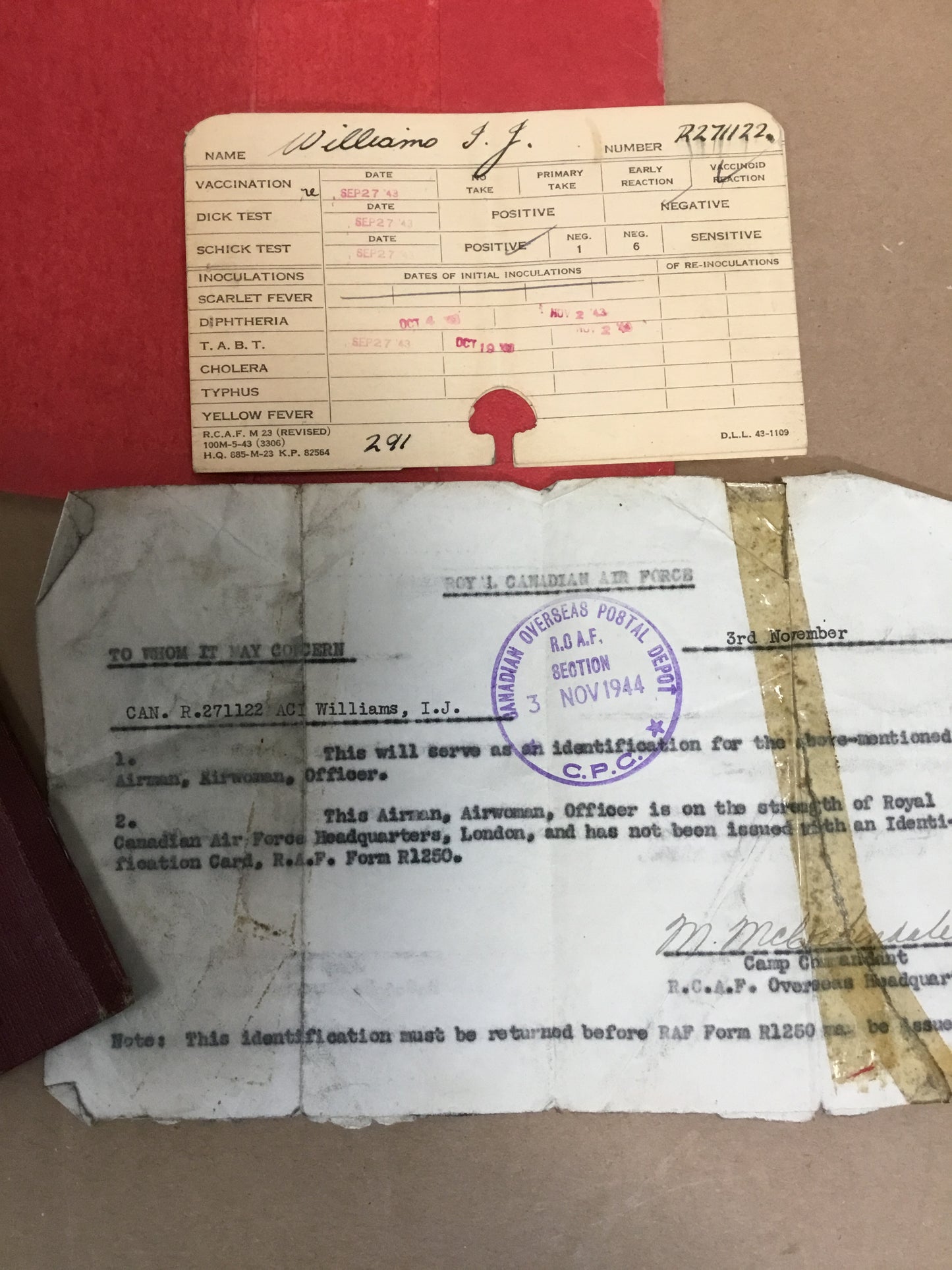 1944 RCAF PAYBOOK, MEDICAL RECORD , POCKET Calendar, Overseas postal Letter