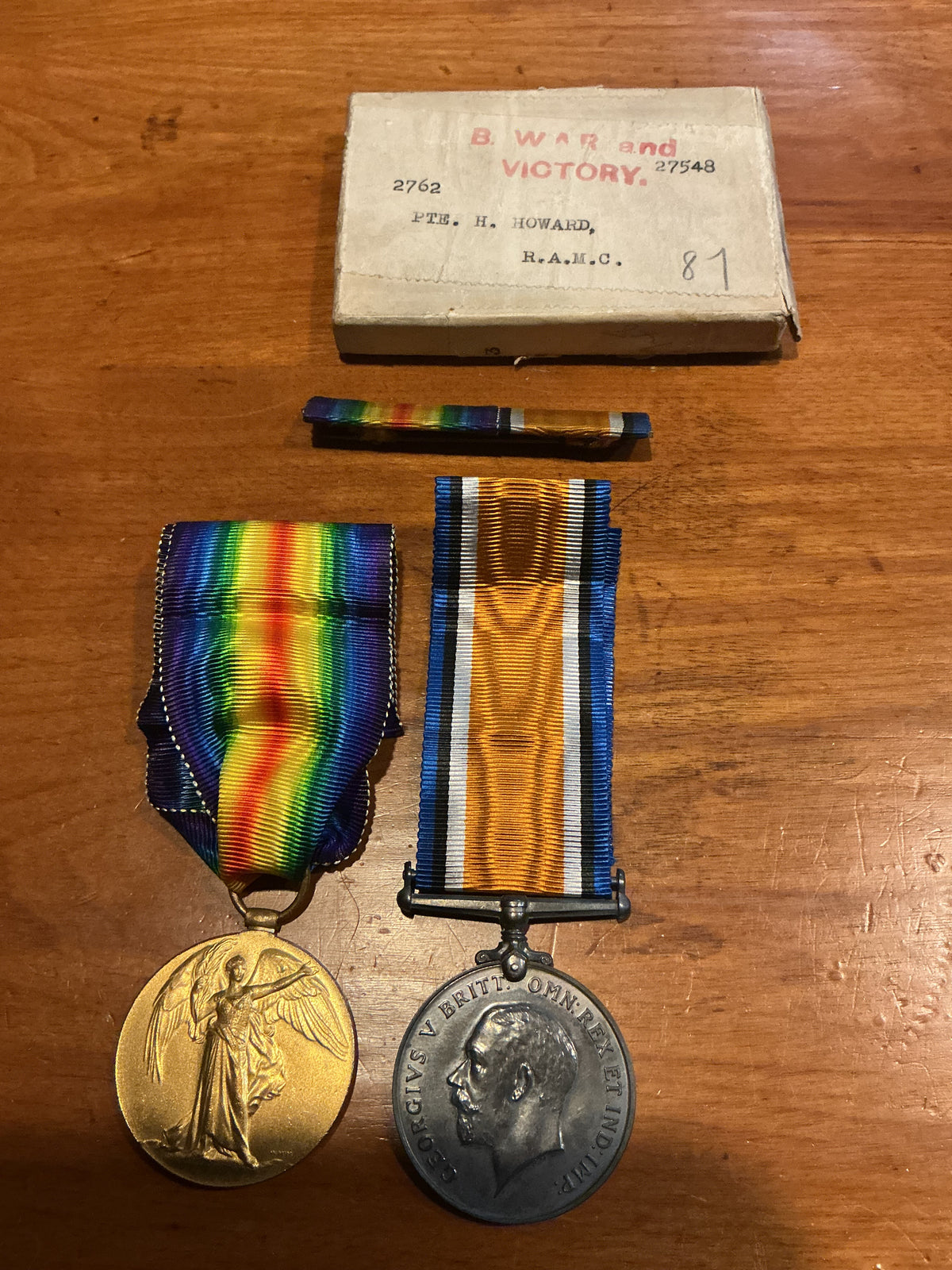 WW1 British War Victory Medals Pair To Pte H. HOWARD WITH THE ROYAL ARMY MEDICAL CORE.