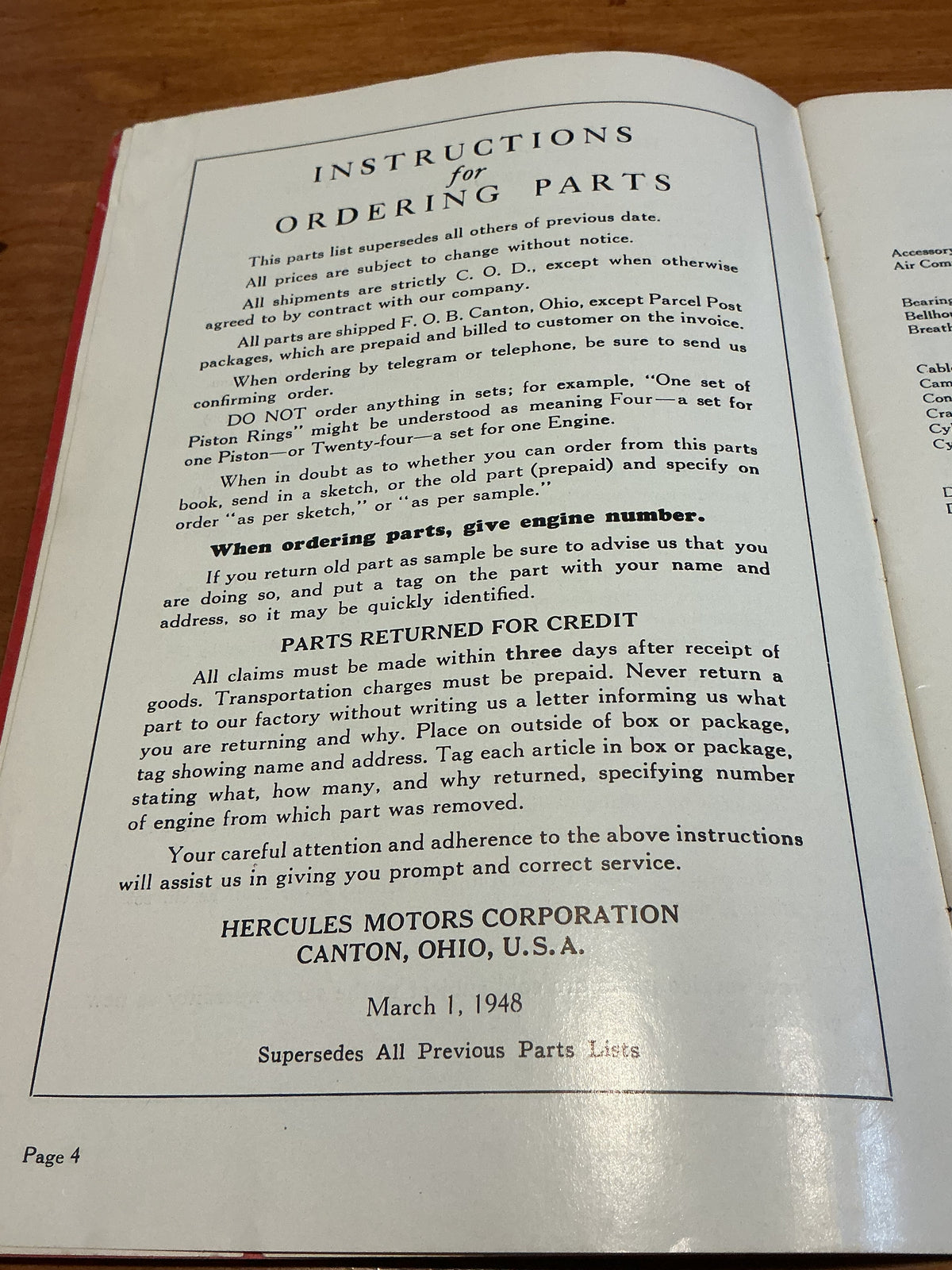 HERCULES ENGINE & PARTS LIST JX SERIES Engine 1948