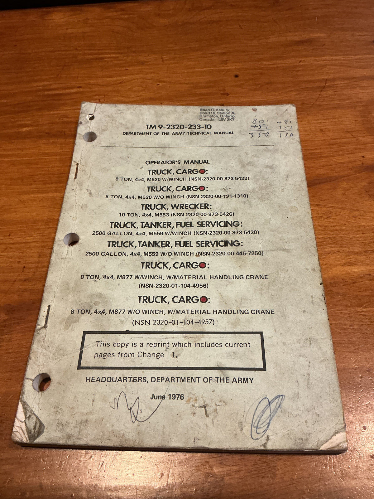 Department of the Army Truck, Cargo Operator’s Manual. ;June, 1976