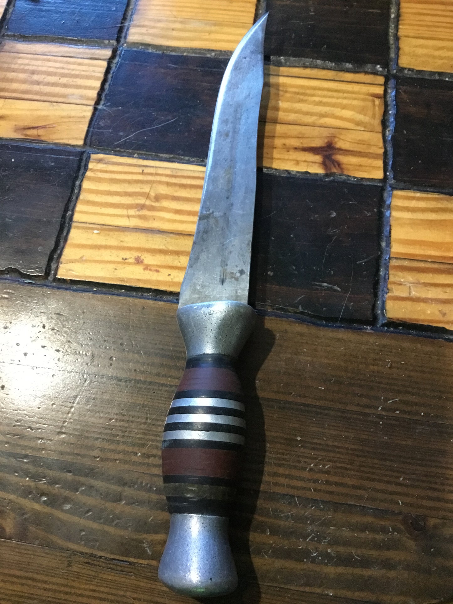 Large Vintage Knife , pressed leather handle inlay