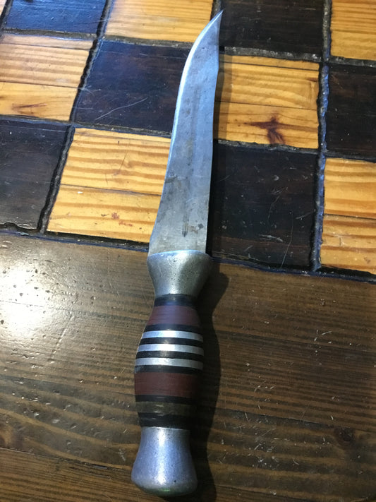 Large Vintage Knife , pressed leather handle inlay