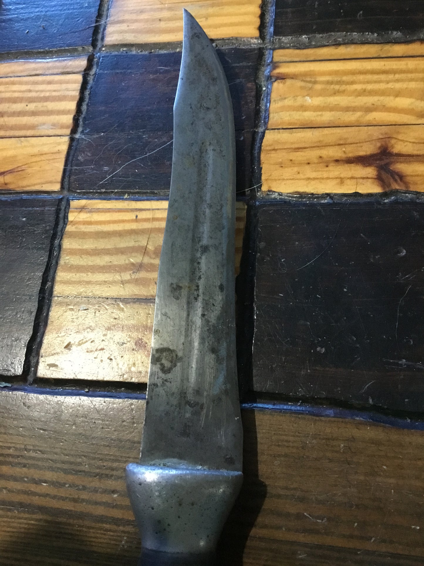 Large Vintage Knife , pressed leather handle inlay