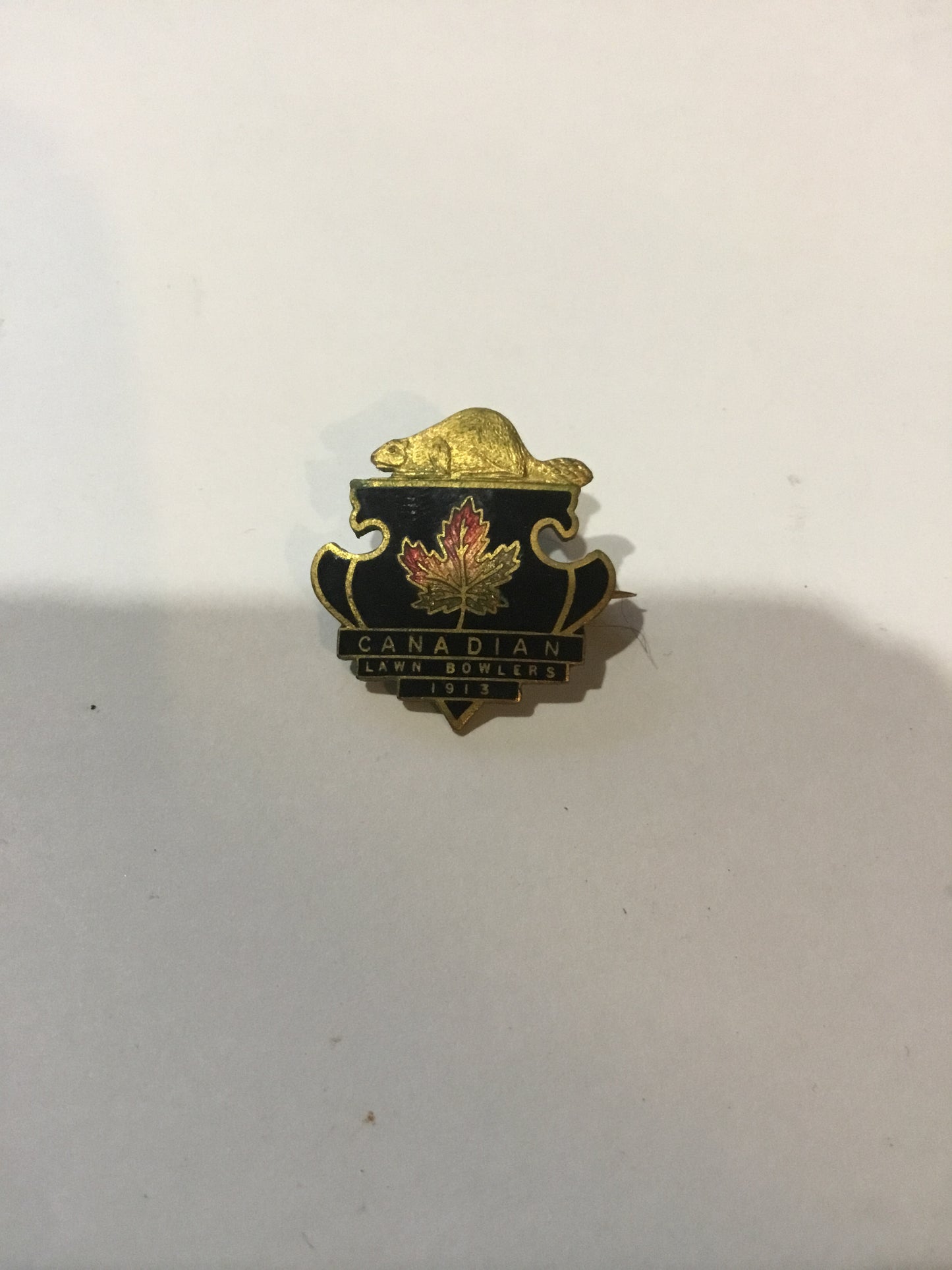 Enameled 1913 Lawn Bowling Pin with Beaver