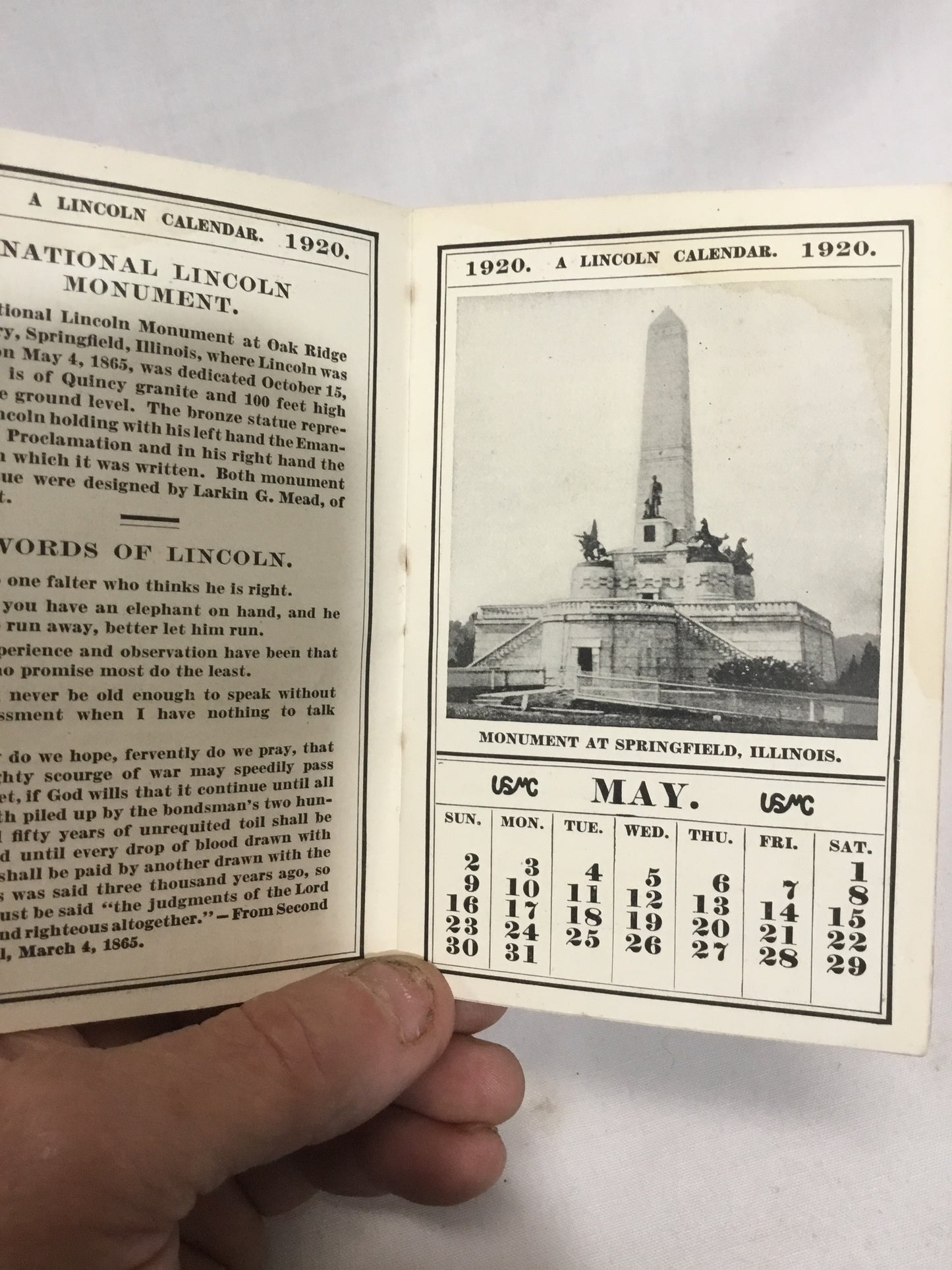 1920 Abe Lincoln pocket calendar