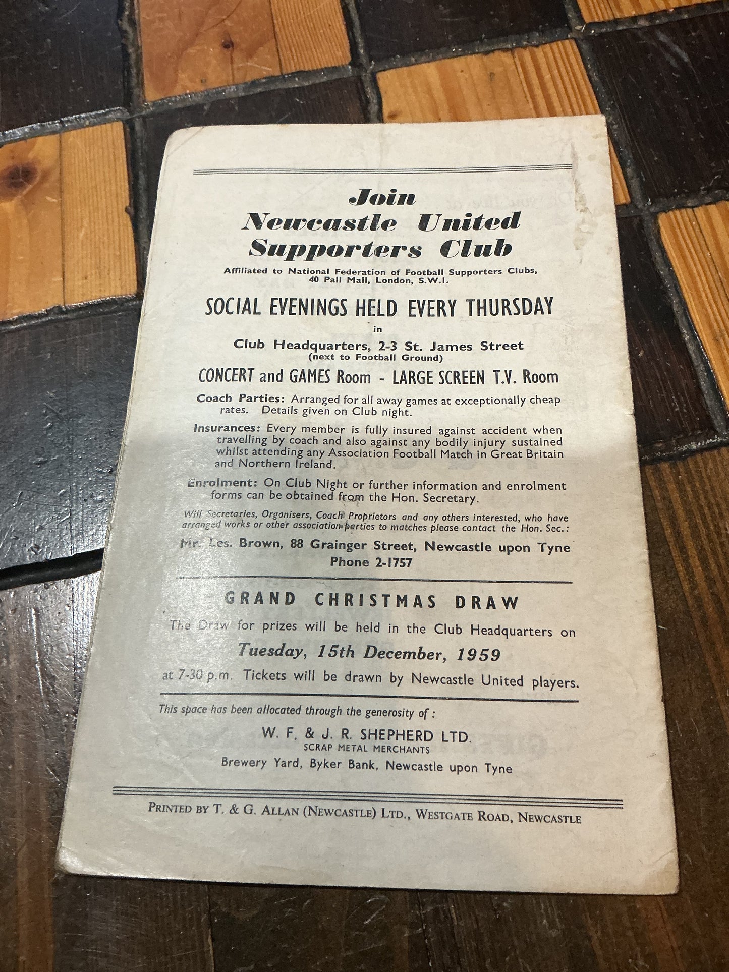 1959 Newcastle United Football V Arsenal  Official Programme