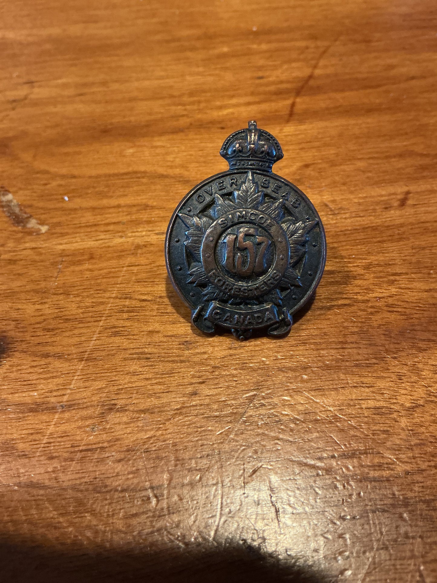 157th Battalion CEF Collar Badge  (Simcoe Foresters) Canada 1915-1920