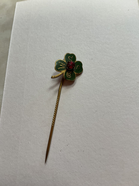 Four Leaf  Clover Stick Pin , with Ruby type Stone