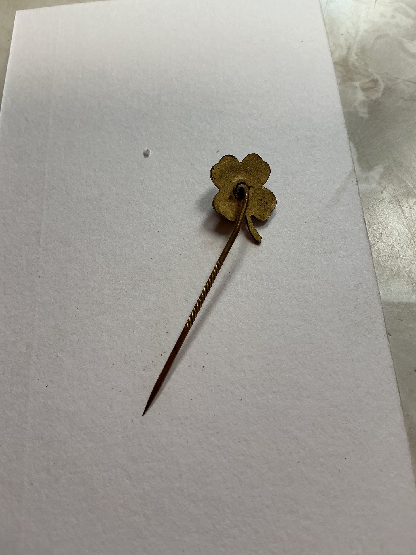 Four Leaf  Clover Stick Pin , with Ruby type Stone