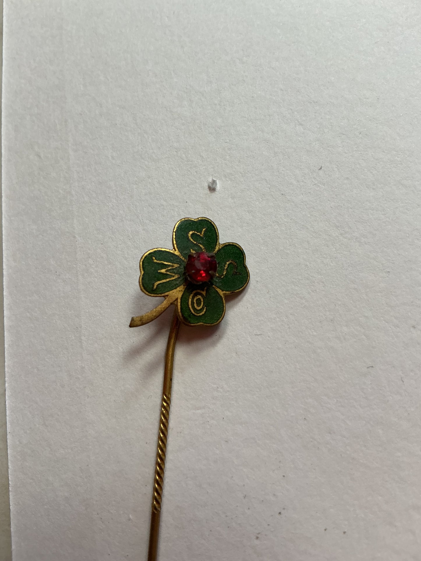 Four Leaf  Clover Stick Pin , with Ruby type Stone