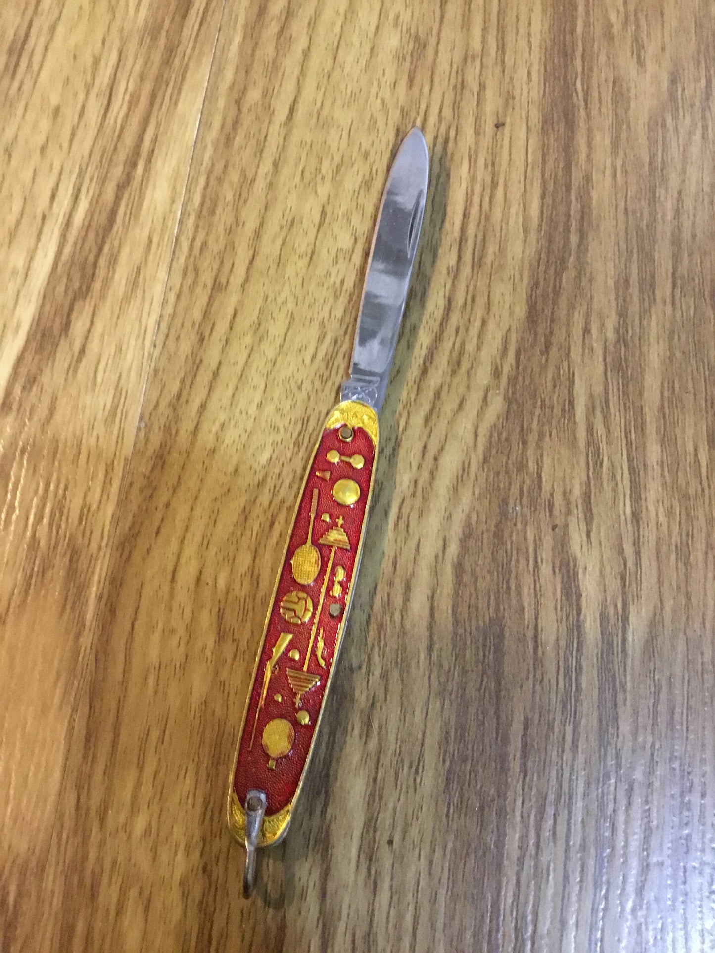 Vintage Chinese Summer Olympics Pocket Knife Red Enamel & Gold Tone Accent Sport