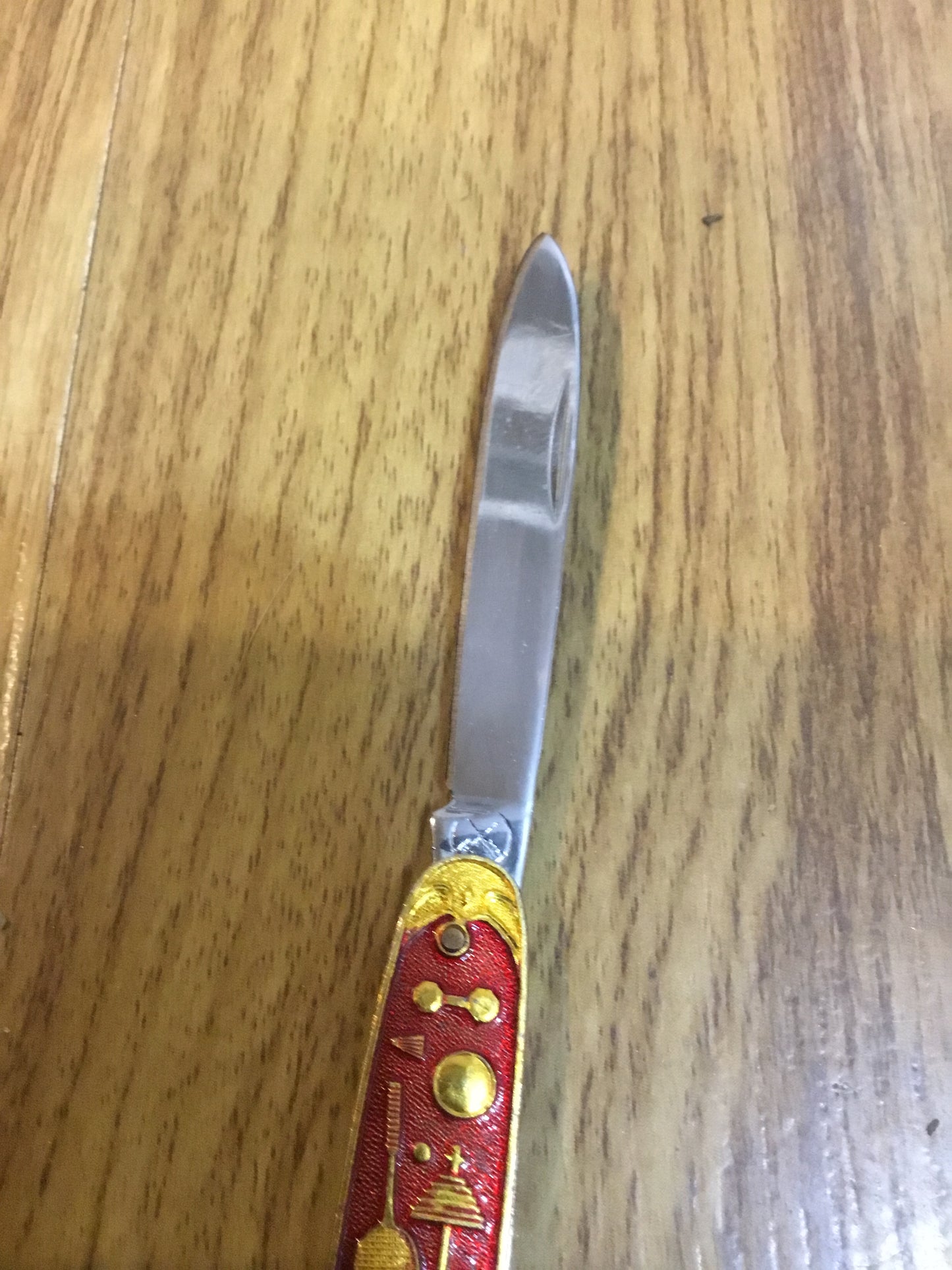 Vintage Chinese Summer Olympics Pocket Knife Red Enamel & Gold Tone Accent Sport