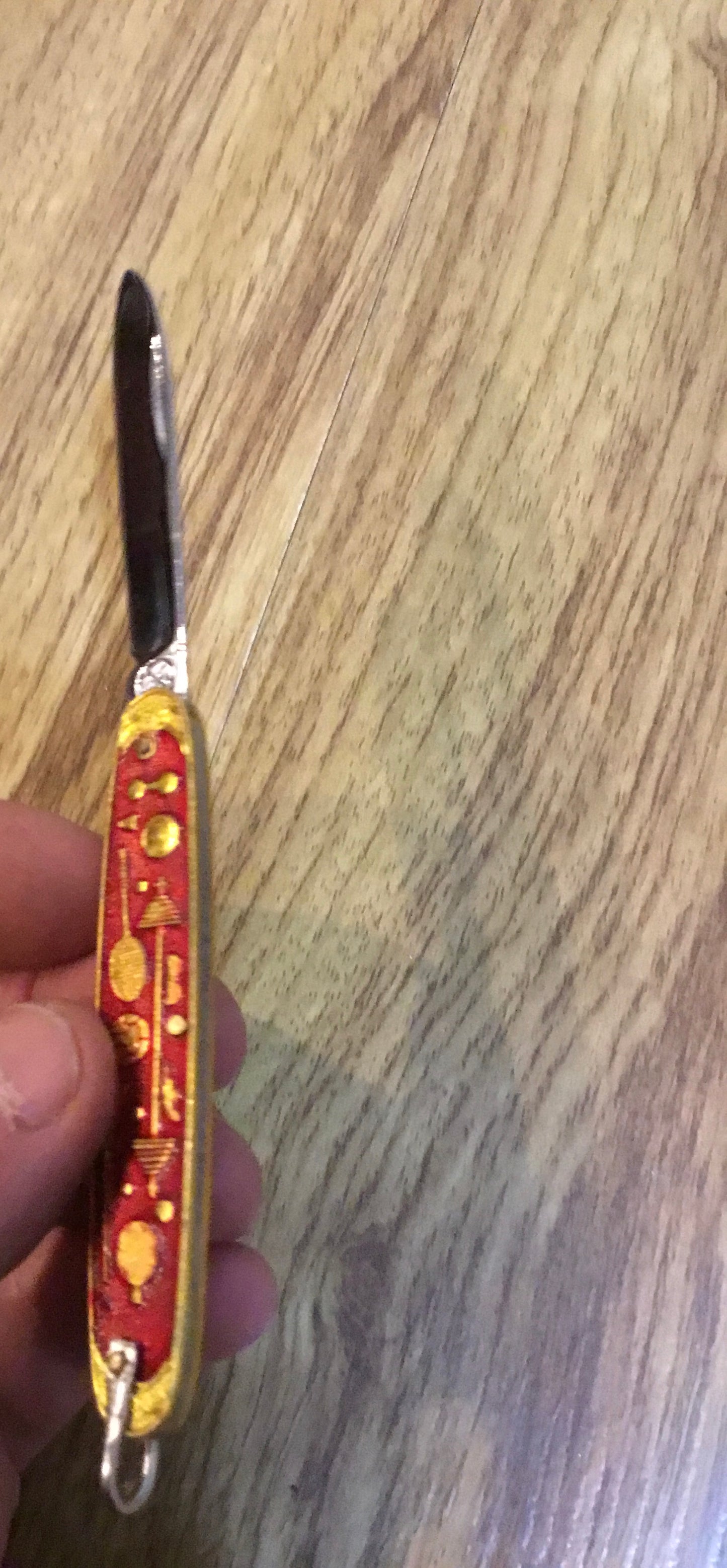 Vintage Chinese Summer Olympics Pocket Knife Red Enamel & Gold Tone Accent Sport