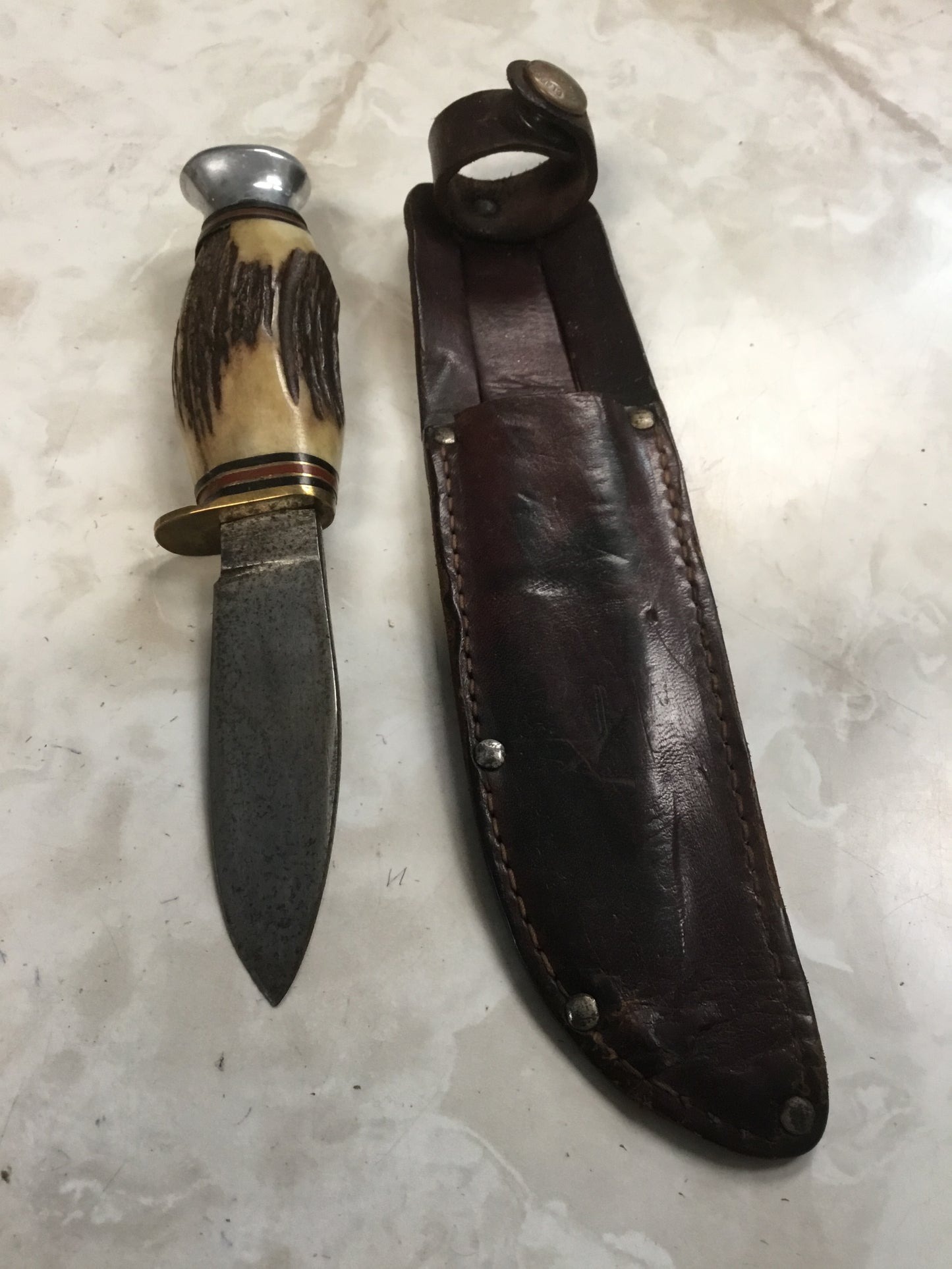 Early  Fixed Scout Knife Bone Handle and Sheath