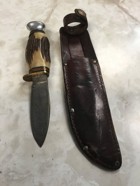 Early  Fixed Scout Knife Bone Handle and Sheath