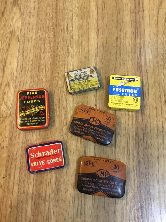 Lot of 6 Fuses and Valve stem  small Tins