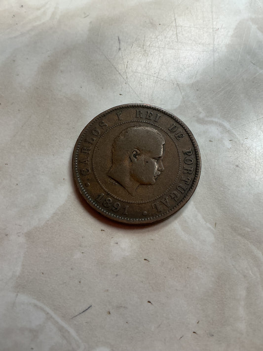 1891 Portugal 20 Reis Bronze Coin