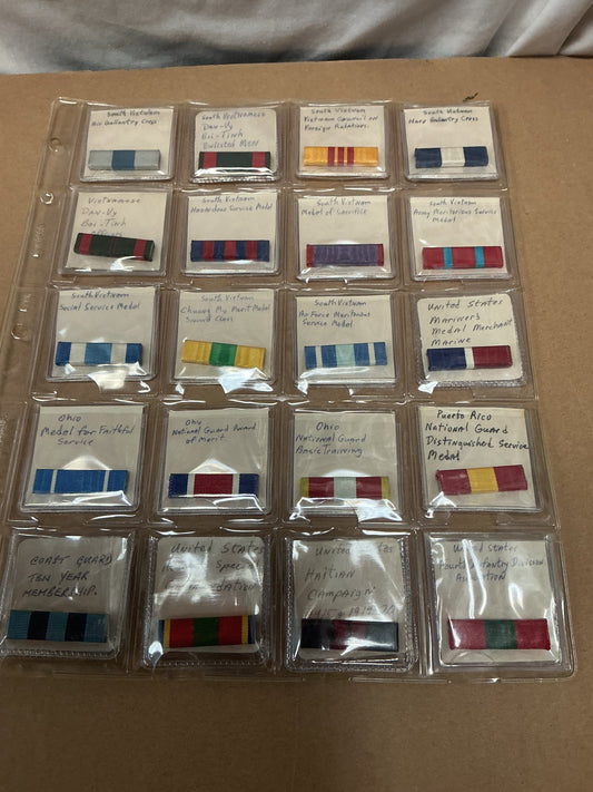 Lot of 20 Ribbon Bars Carded and Labeled , mixture of South Vietnam , Puerto Rico , and U.S.A. , Coast Guard.