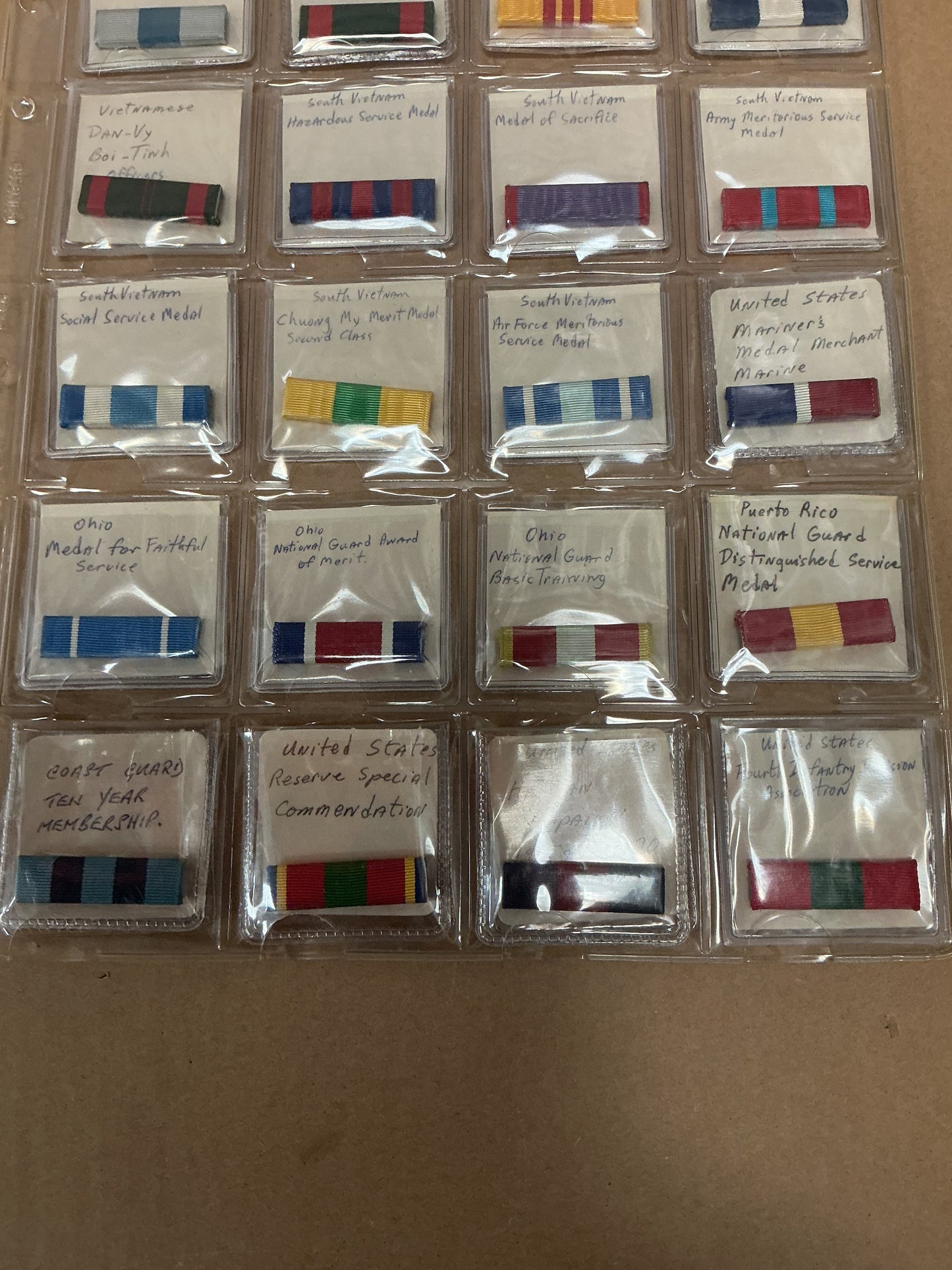 Lot of 20 Ribbon Bars Carded and Labeled , mixture of South Vietnam , Puerto Rico , and U.S.A. , Coast Guard.