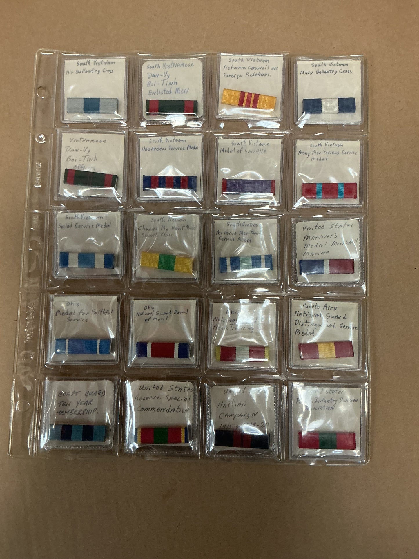 Lot of 20 Ribbon Bars Carded and Labeled , mixture of South Vietnam , Puerto Rico , and U.S.A. , Coast Guard.