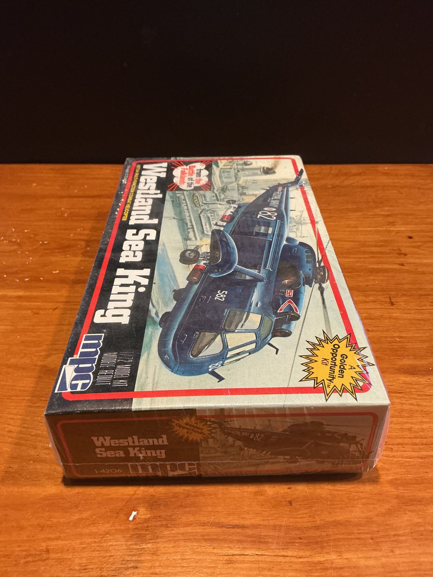 vintage MPC 1/72 scale model kit of the Westland Sea King helicopter, specifically featuring markings from the Battle of the Falklands