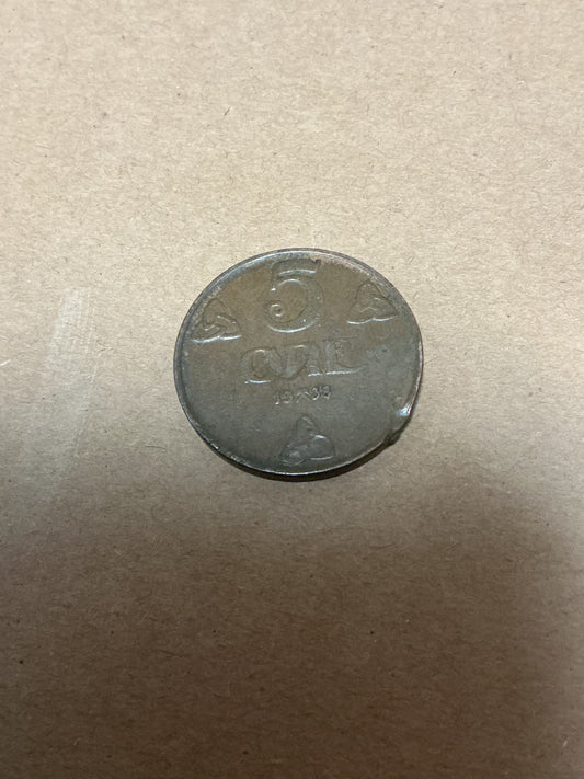1938 Norway 5 Ore Coin