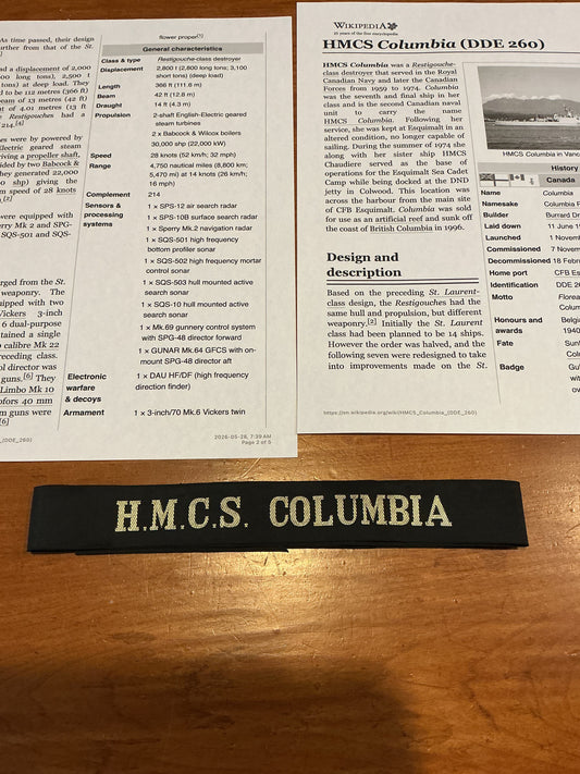 CANADIAN NAVY HAT TALLY ( HMCS COLUMBIA ) ,