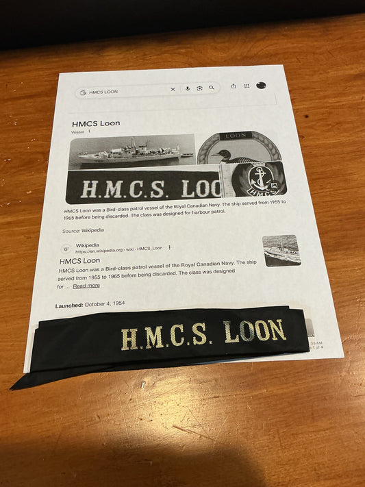 CANADIAN NAVY HAT TALLY ( HMCS LOON )