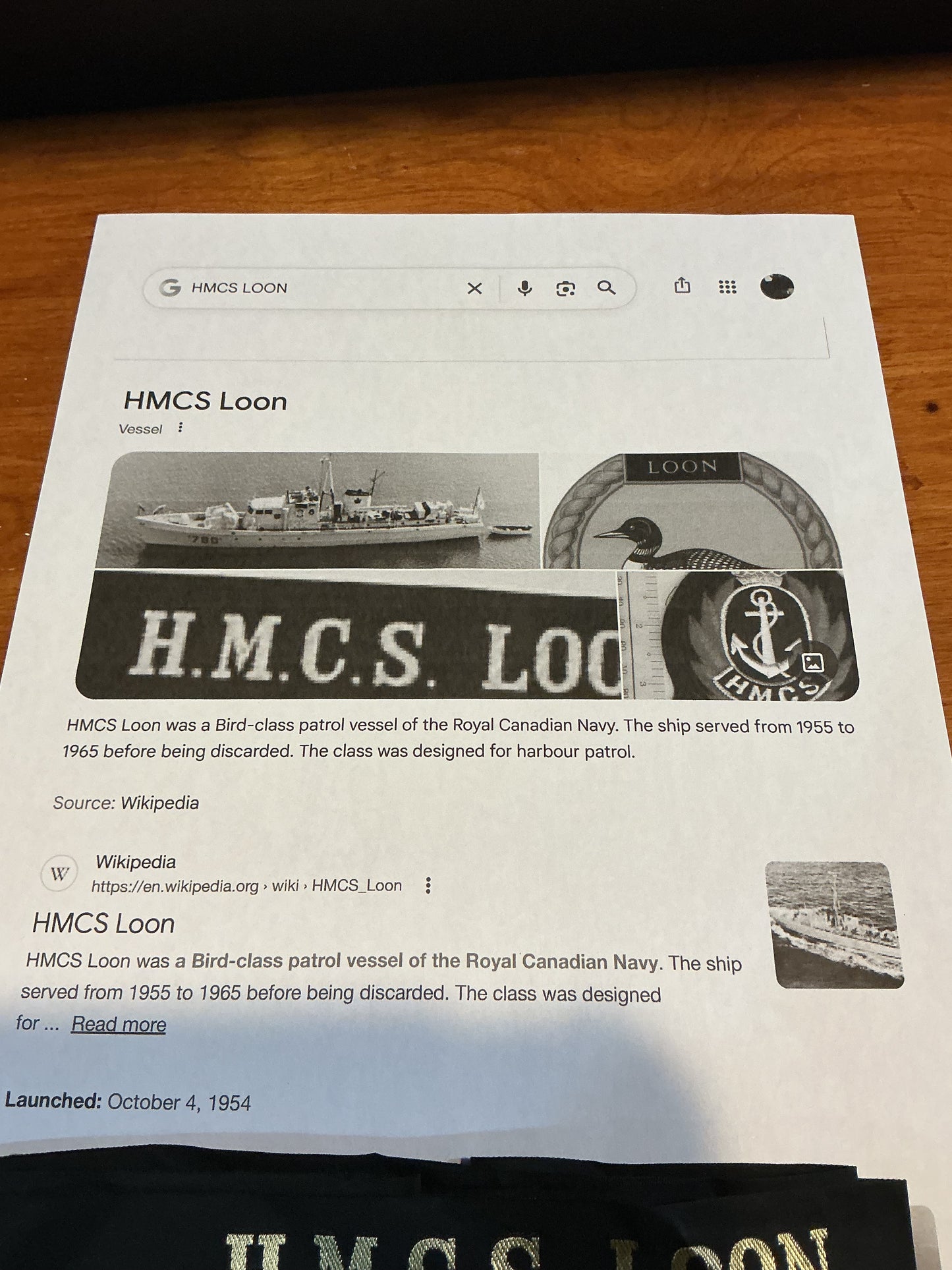 CANADIAN NAVY HAT TALLY ( HMCS LOON )