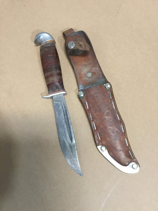 Vintage Press Leather Handle Hunting Knife  with Leather Sheath