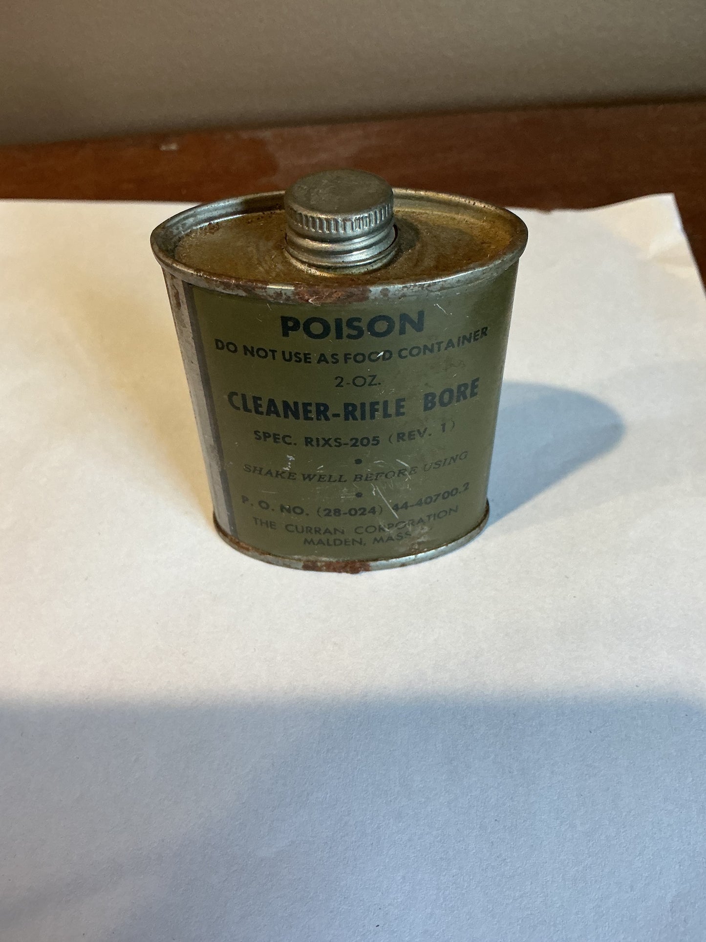 Early 2oz Military Cleaner-Rifle Bore POISON Curran Corp Tin , half full of material