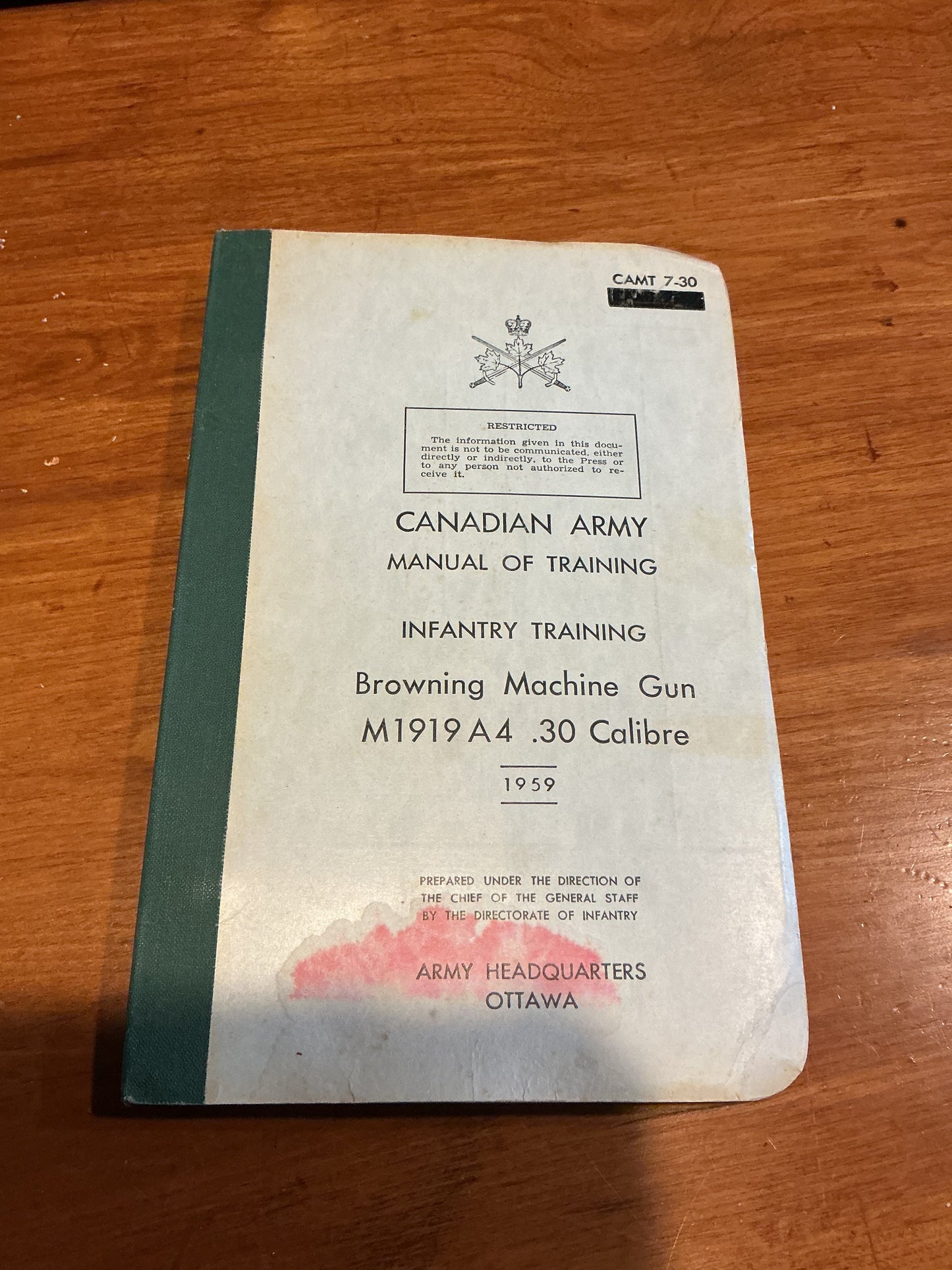 1959 Canadian Army Manual of Training Infantry ( Browning Machine Gun M1919A4 .30 Calibre